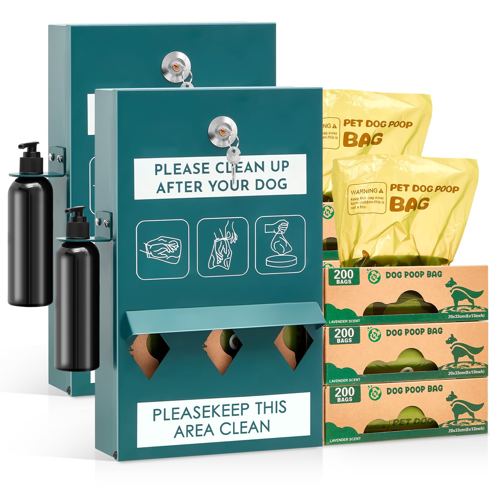 Abbylike Set di 2 dispenser per sacchetti per cani da esterno con sacchetti per cani e bottiglia disinfettante per le mani, stazione di cacca per cani verde, contenitore per rifiuti di cani da parete