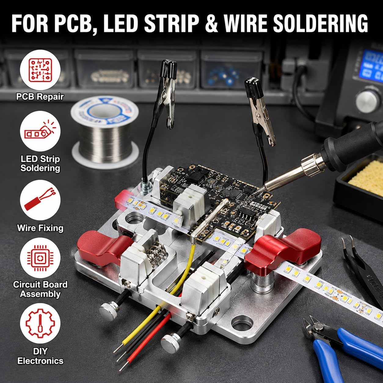 Zacisk do lutowania PCB, ceramiczny, żaroodporny uchwyt lutowniczy z aluminiową podstawą, narzędzie do naprawy płytek drukowanych do taśmy LED, otwór 12 mm, 130x80 mm, 410g