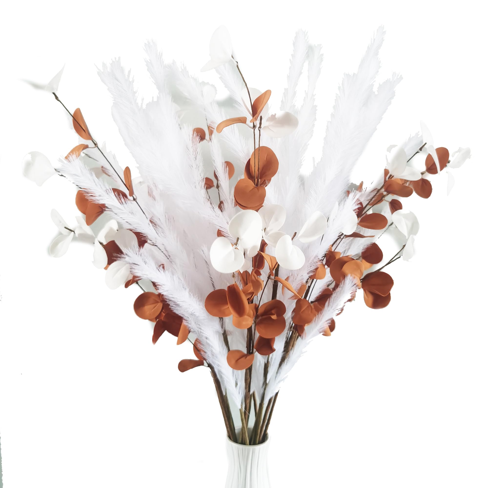 UiiziC Faux Pampas Grass and Leaves 10 PCS Dried Fluffy Artificial Leaves Ascendant Grass for Vase Fillers Wedding Party Bouquets Home Hotel Centerpieces Decor (White Copper)
