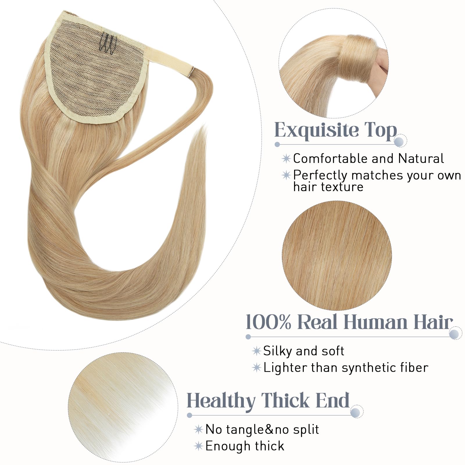 Rich Choices Ponytail Extension Wrap Around Ponytail Hair Extension Straight 16 Inch #18/613 Ash Blonde mix Bleach Blonde Remy Human Hair Pieces - Image 3