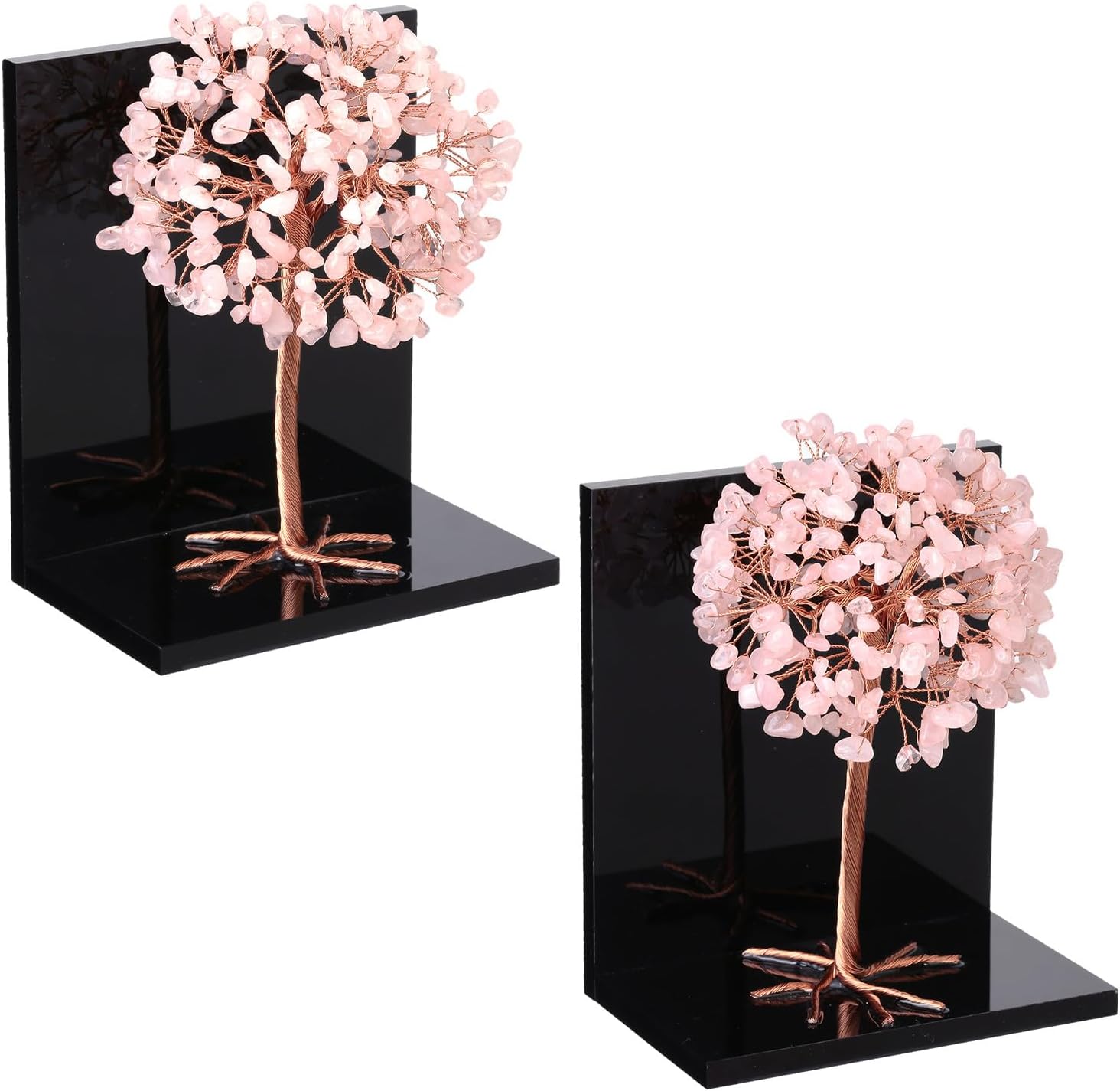 mookaitedecor Natural Rose Quartz Crystal Money Tree Stones Bookends, Decorative Acrylic Stone Tree Book Ends for Shelves Desktop Organizer Home Office,5.7-6.3inch (1 Pair)