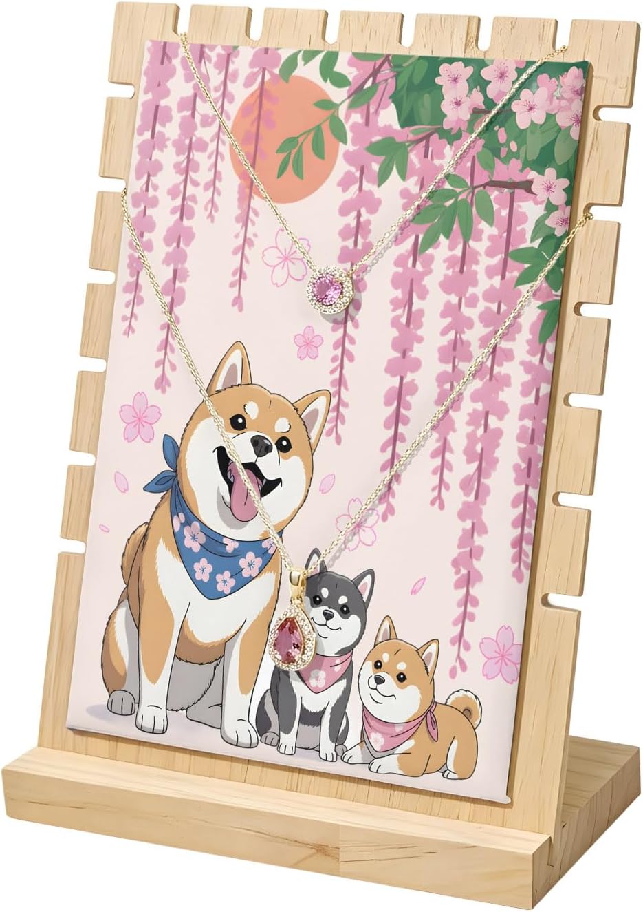 Necklace Display Stand,Cute Dog Pink Flower Cherry Blossom Wooden Pendant Necklaces Holder Stands with PU Panel Green Leaves Sun Jewelry Rack Organizer for Vendors and Home,7x3x9in
