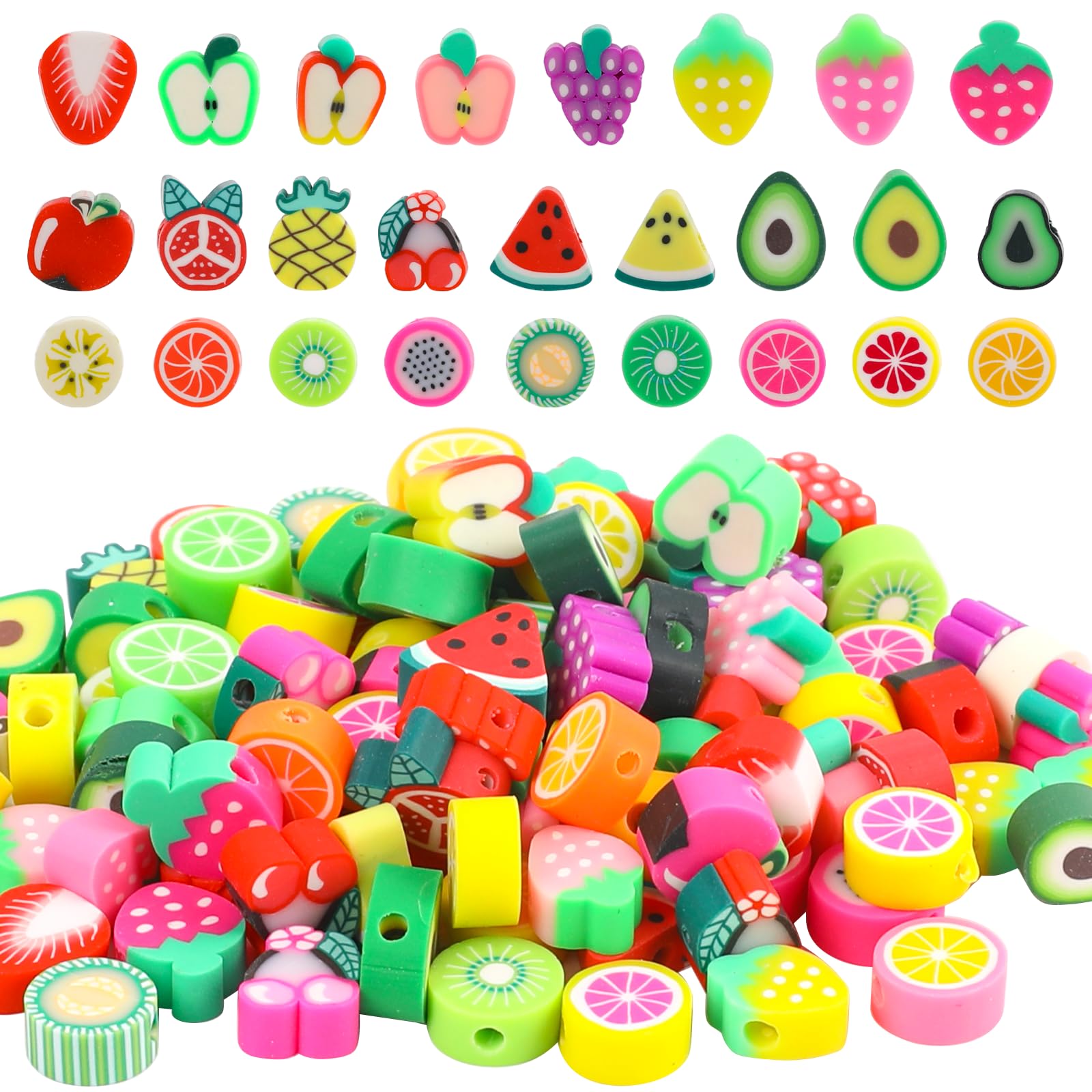 KALIONEKALIONE Fruit Polymer Clay Beads, 100 PCS Cute Fruit Spacer Beads, Fun Fruits Beads String for Girls, Mixed Handmade Clay Beads Charms for Earring Bracelet Necklace Jewelry Crafts DIY Making Supplies