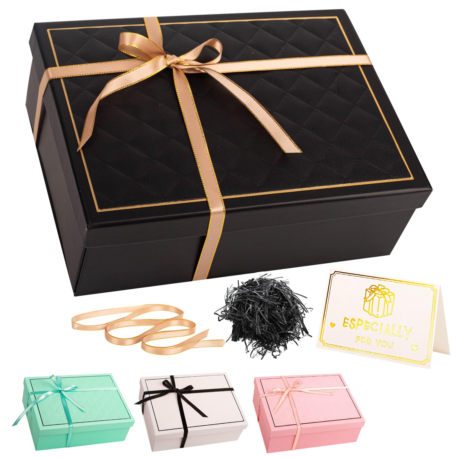 Black Gift Box with Lid 25x18x9cm Medium/Large Luxury Gift Boxes for Presents, Cardboard Empty Gift Box for Birthday Wedding Christmas Valentines Present Box for Her Women Men with Ribbon