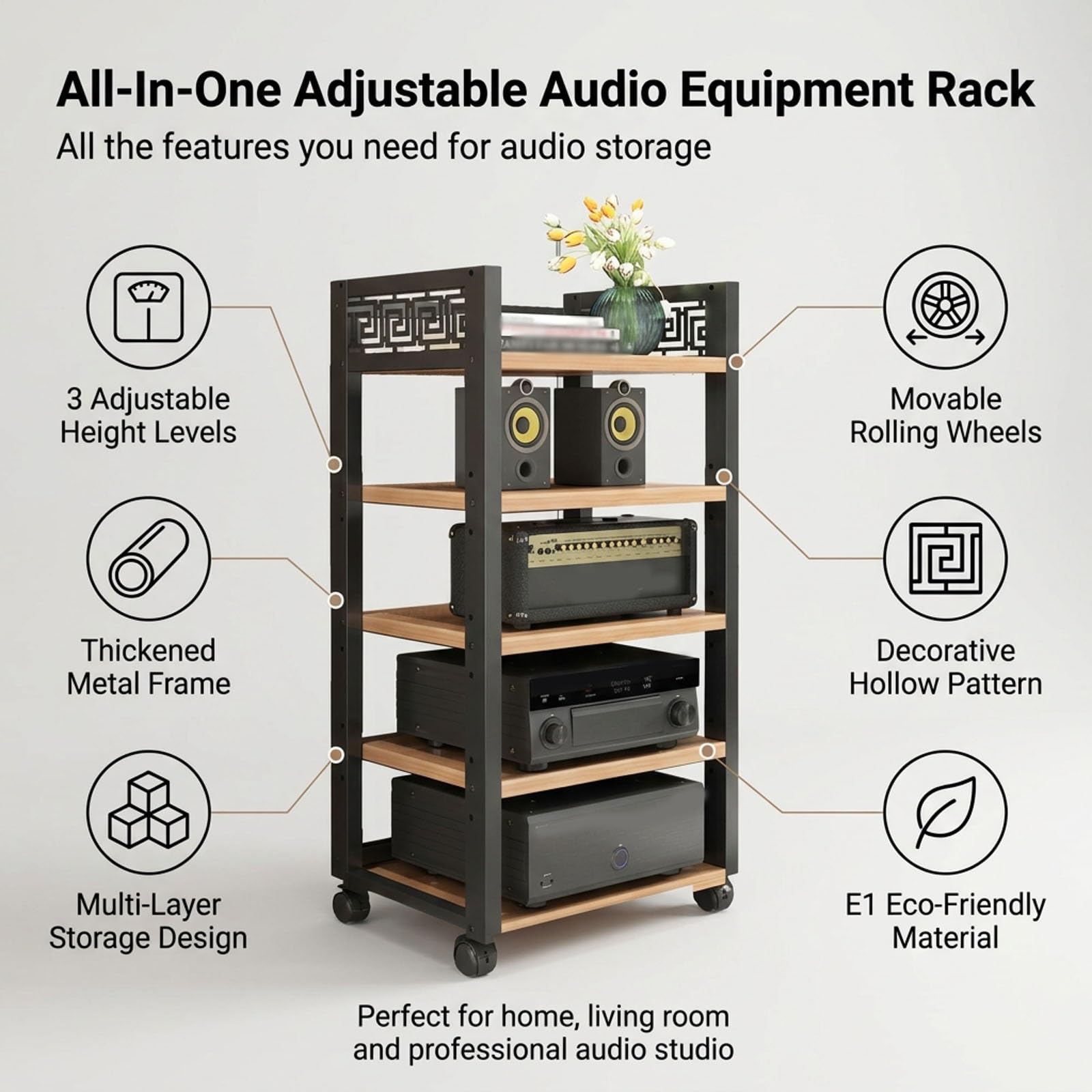 Audio Rack, 3 4 5 Tier Heavy Duty Stereo Rack with Adjustable Shelves, Open Audio Cabinet Metal Frame Wooden Shelf Living Room Home Theater
