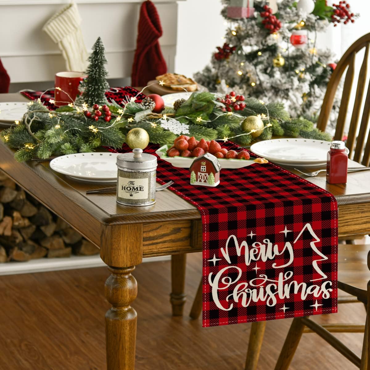 Artoid Mode Red and Black Buffalo Plaid Merry Christmas Table Runner, Seasonal Winter Xmas Holiday Kitchen Dining Table Decoration for Indoor Outdoor Home Party Decor 13 x 36 Inch