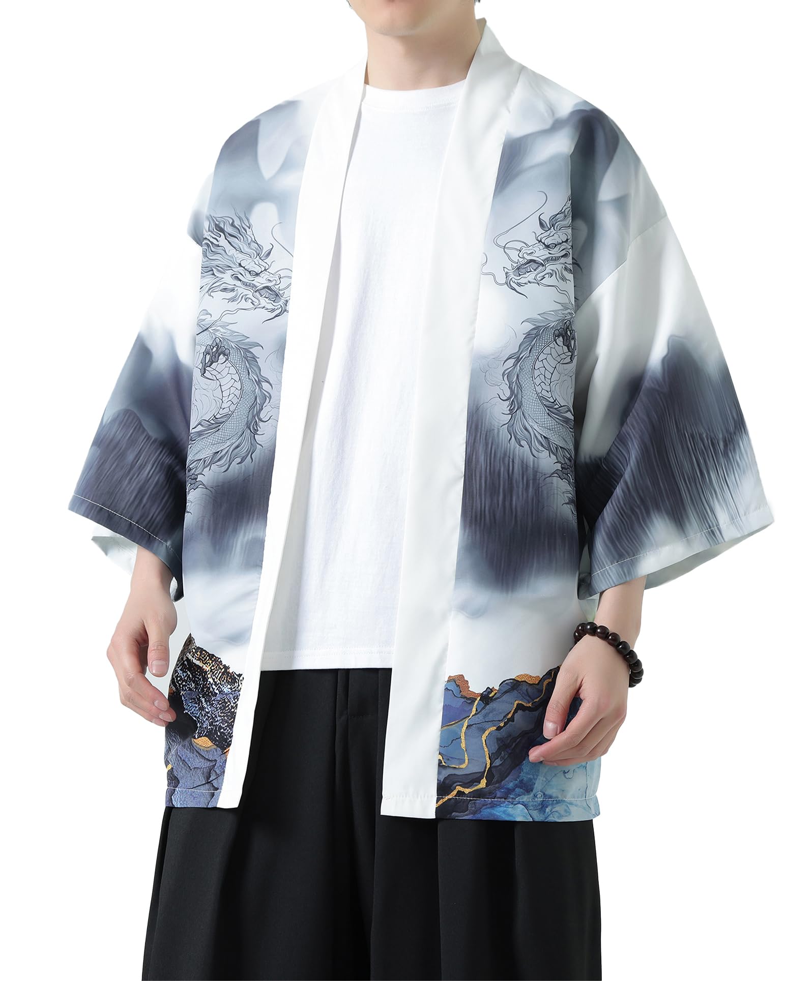 PRIJOUHE Men's Kimono Cardigan Jacket Japanese Style Flying Crane Seven Sleeves Open Front Coat