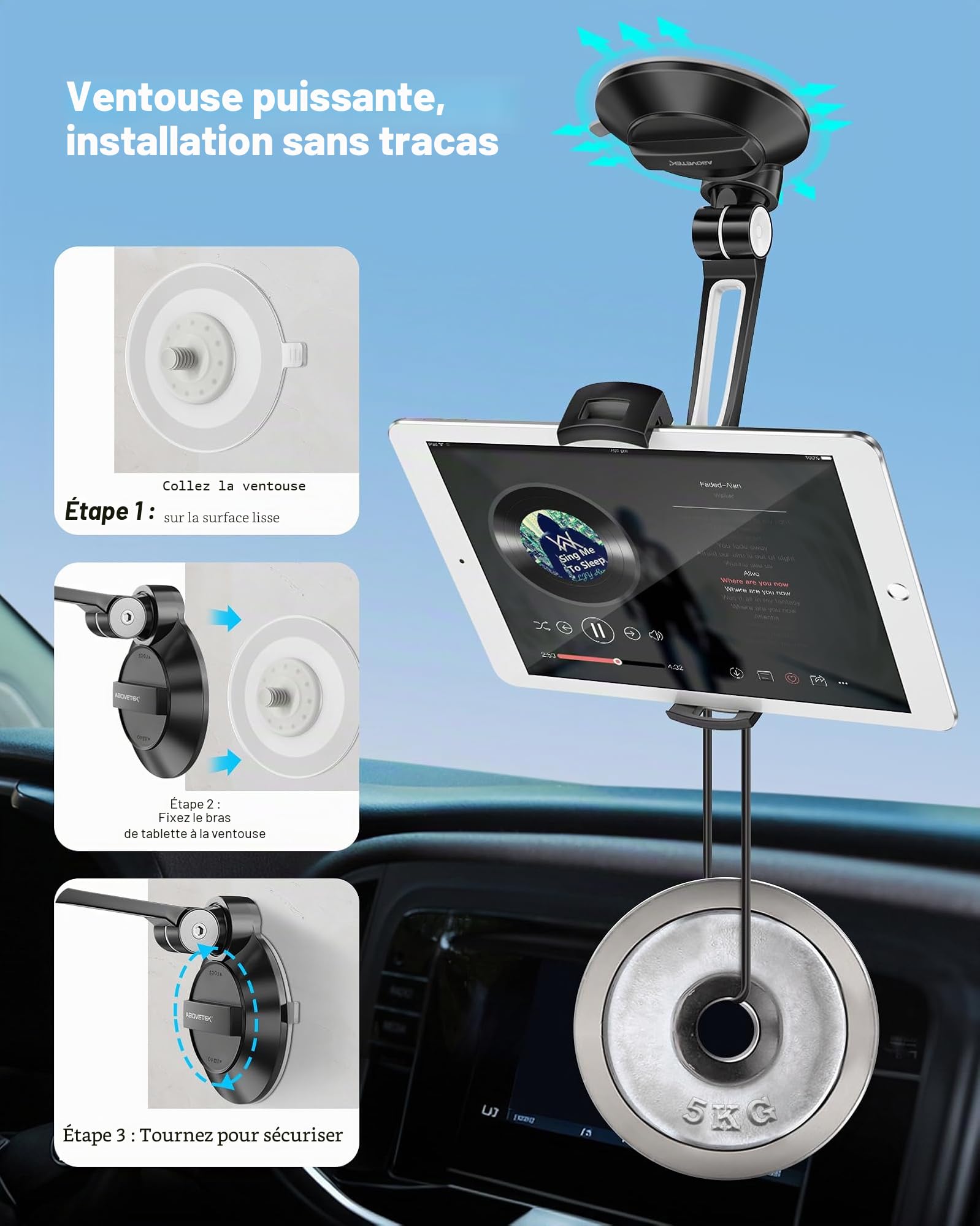 AboveTEK Support à ventouse pour iPad, téléphone et tablette avec ventouse pour tablette/téléphone/iPad mini/Air de 10,2 à 27,9 cm, pour fenêtre, salle de bain, miroir, pour voiture, camion