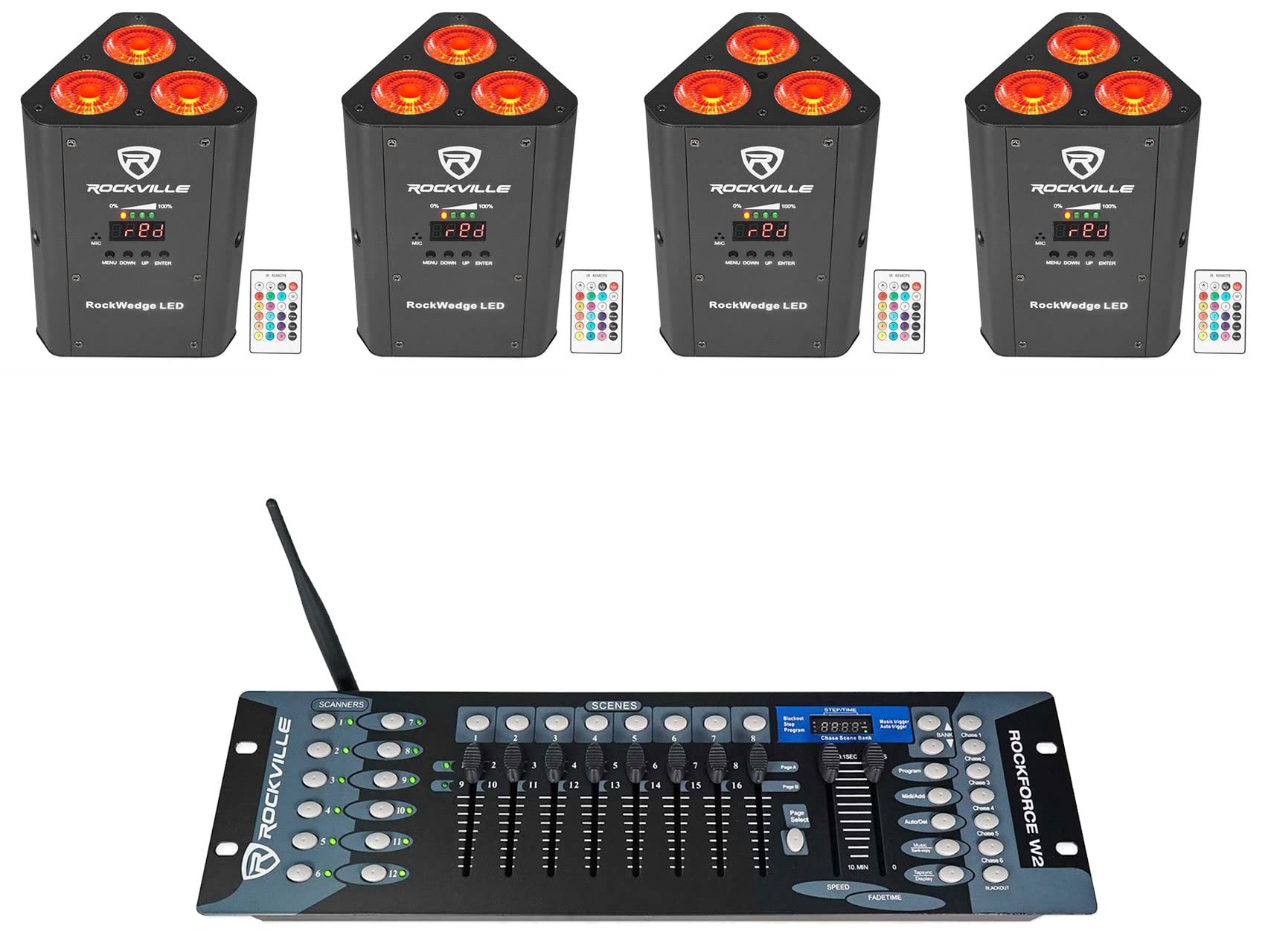 (4) Rockville RockWedge LED Battery Powered Par Lights+Wireless DMX Controller