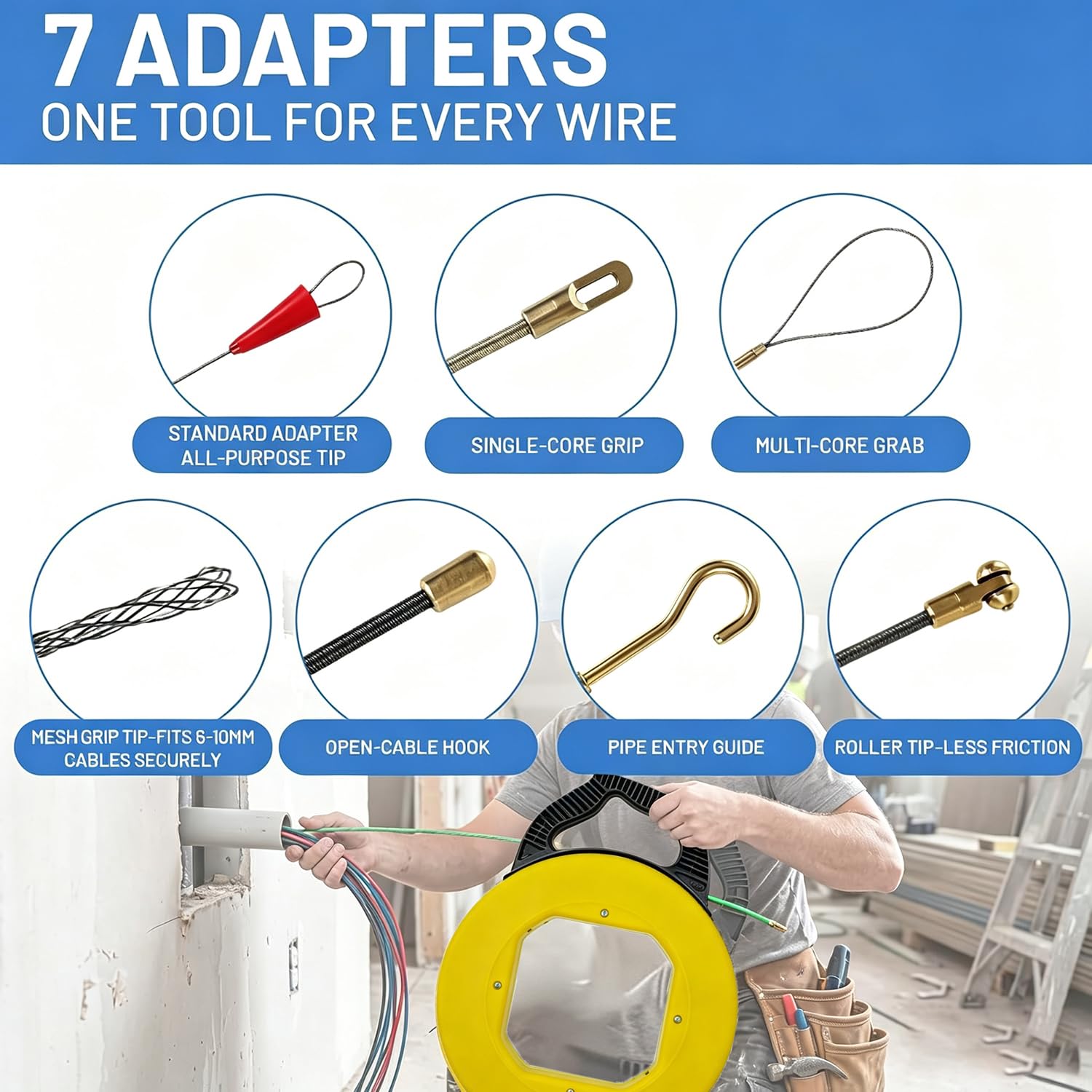 Kabeleinziehhilfe 4,5mm 60m, Einzugsfeder, 360° Drehbarer Rollenkopf, Einziehhilfe für Kabel mit 7 FüHrungsfedern für Leerrohre, Stromkabel, Netzwerkkabel, Glasfaser