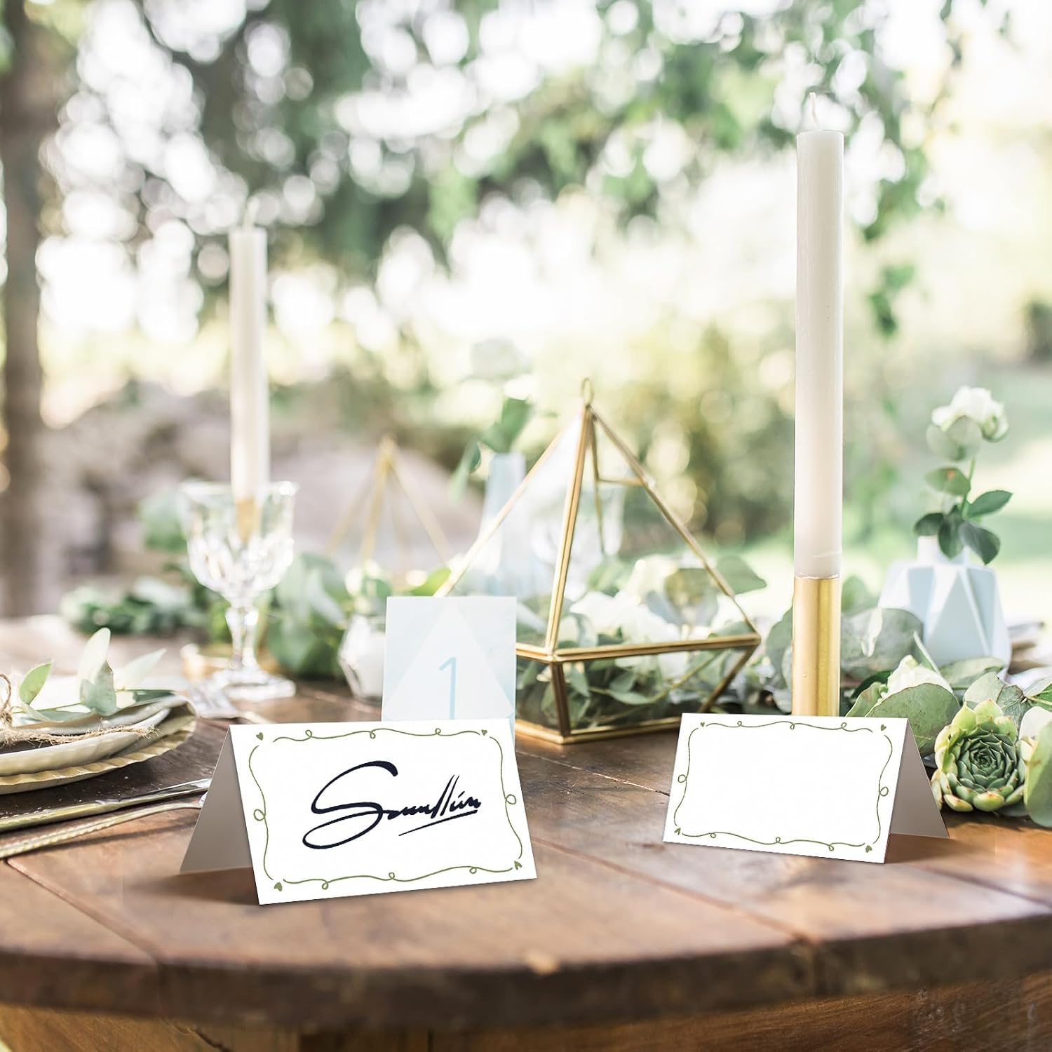 Whaline 100Pcs Place Cards Tented Card Green Swirl Heart Seating Cards for Wedding Birthday Bride Shower Party Table Setting, 3 x 4.6 Inch