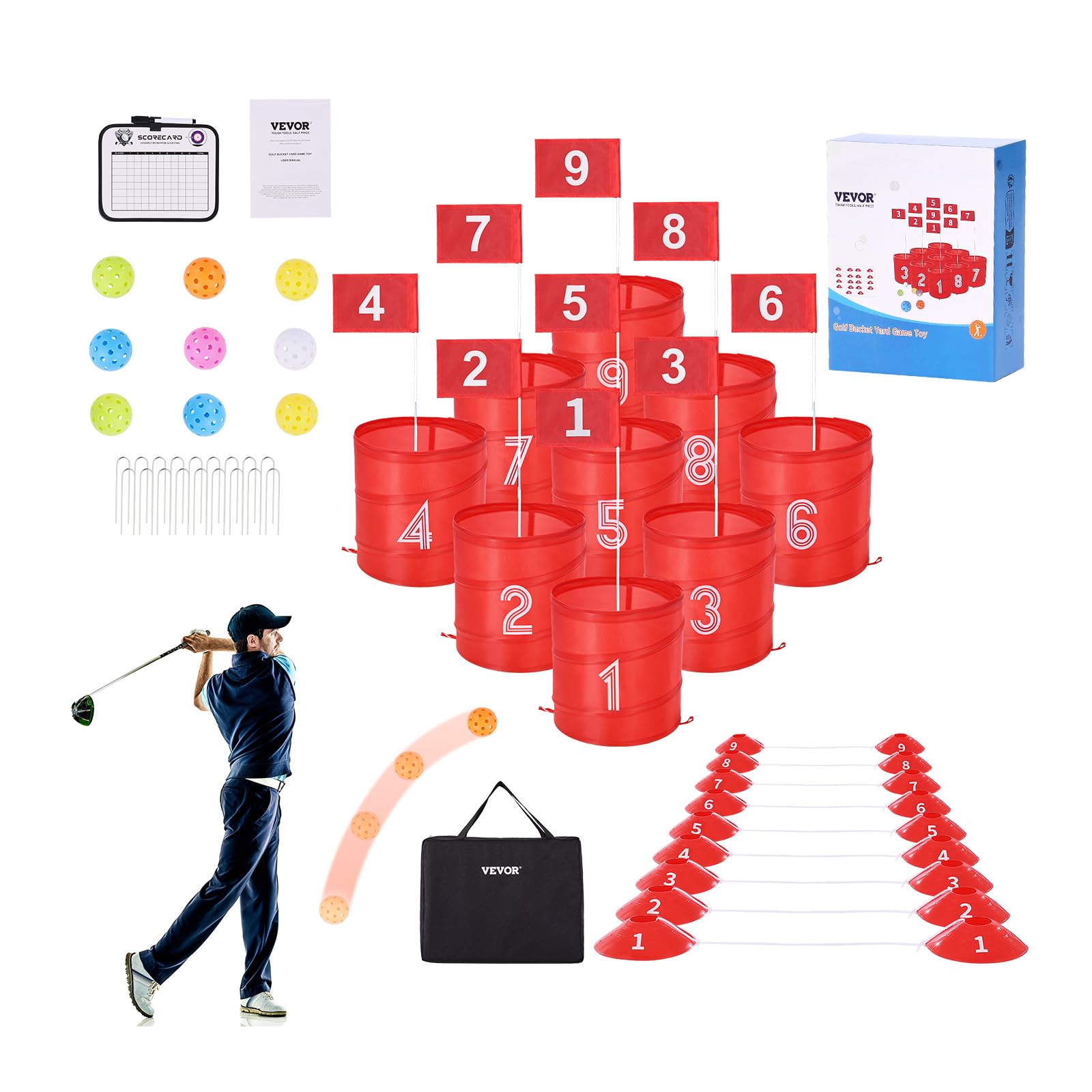 VEVOR Juego de Golf para Patio Campo de Golf de 9 Hoyos Juego de Práctica de Golf con Baldes Juego de Golf para Familias Juego de Golf Portátil para Exteriores para Césped, Patio, Campamento