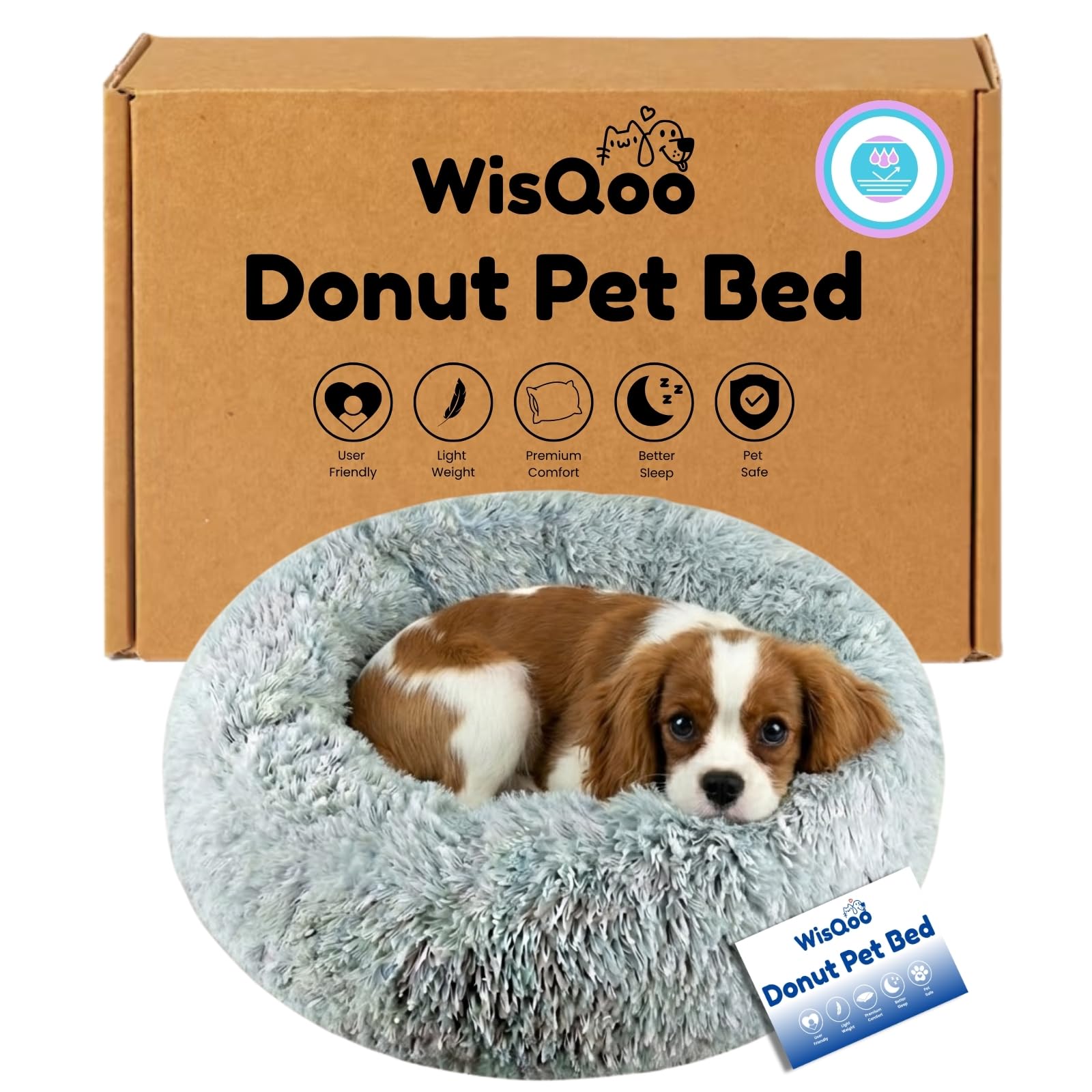WisQoo Calming Donut Pet Bed Plush Supportive Round Bed with Extra Filling for Comfort Removable Cover Water-Resistant Liner