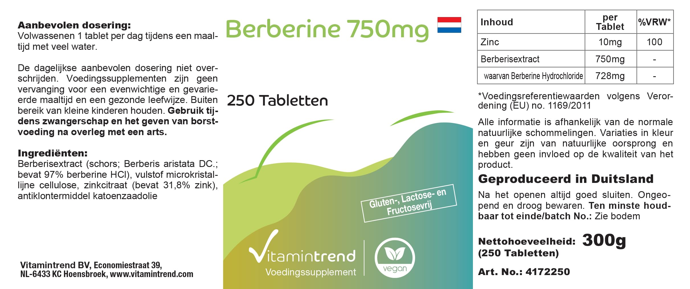 Vitamintrend Berberina 750mg, 250 tabletas, con zinc, altamente dosificado 97% berberina HCl, complemento alimenticio vegano sin estearato de magnesio, fabricado en Alemania