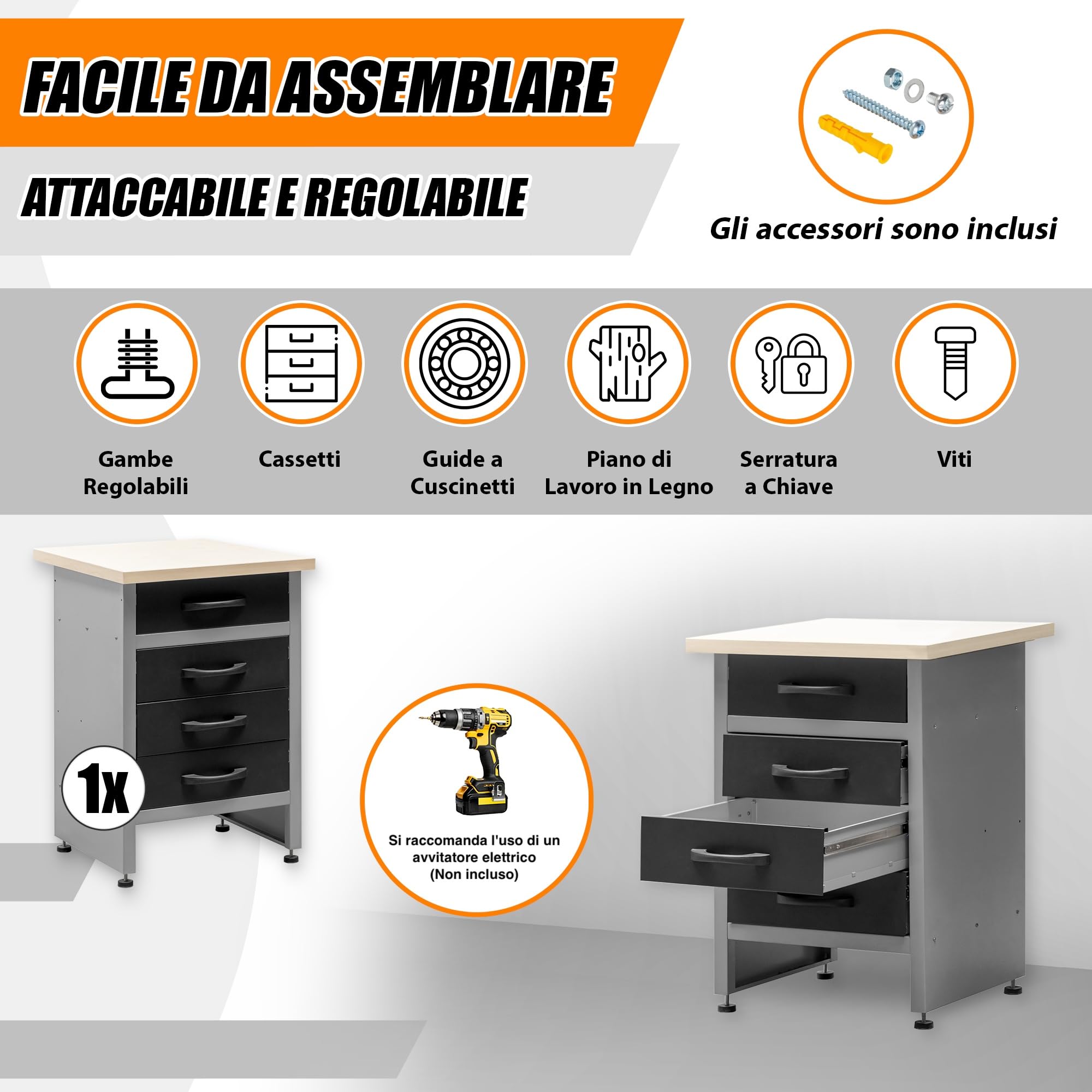 METALLMOBELL - Banco da Lavoro Officina | 60x60x84cm, con Cassetti | Tavolo da Lavoro Garage, Banchetto da Lavoro, Banco da Falegname, Banco da Lavoro Garage, Banco Lavoro MB05G