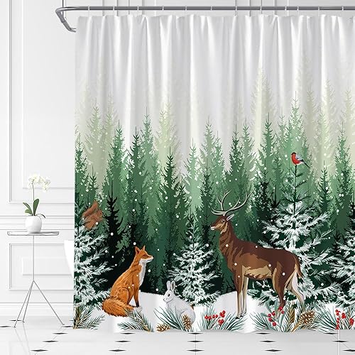 Miniatura 2 de Cortina de ducha de Navidad con diseño de árbol de pinos, ciervos, copos de nieve, paisaje, Navidad, Año Nuevo, decoración de baño, cortinas de