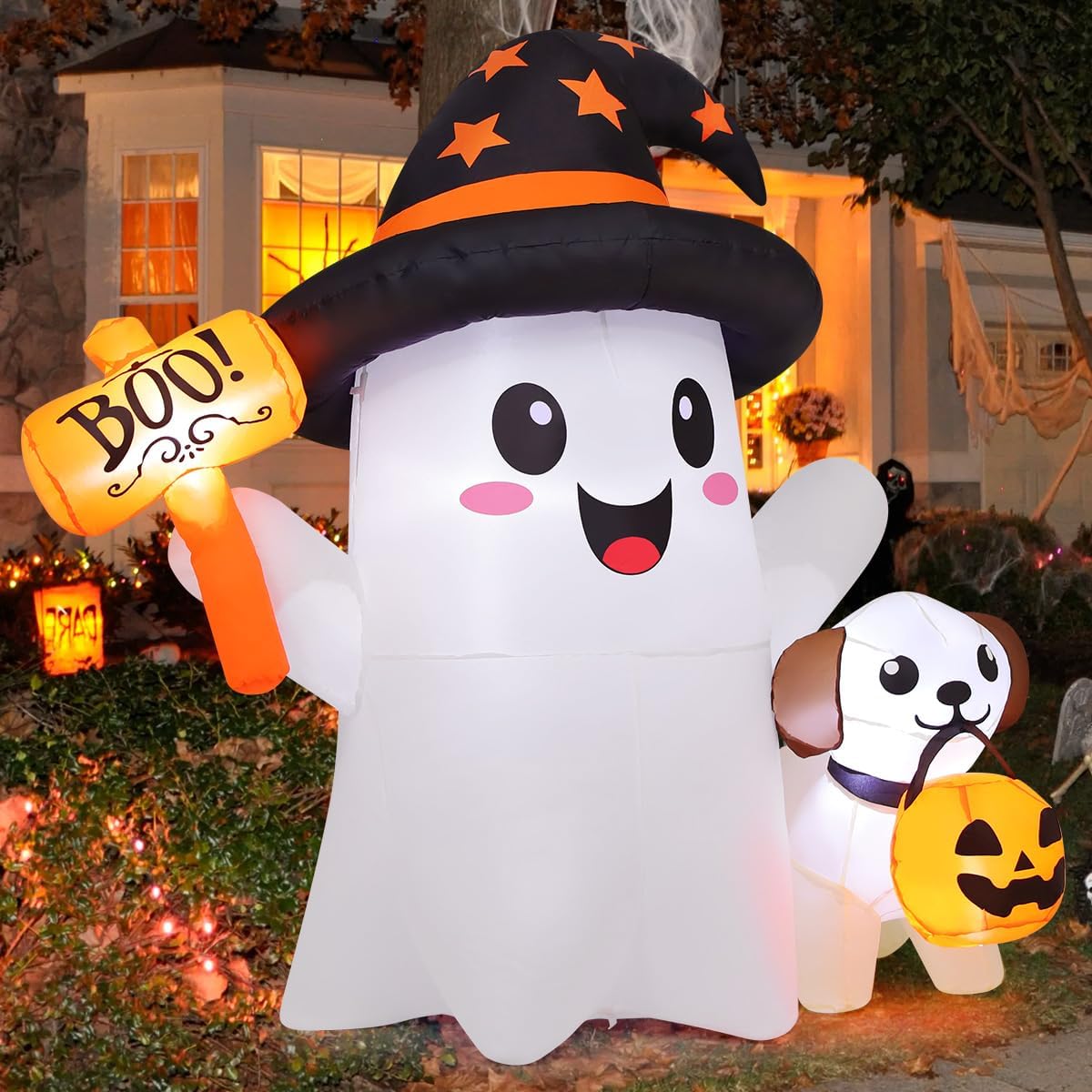 GOOSH 5 FT Halloween Inflatables Ghost Outdoor Decorations Blow Up Cute Ghost and Puppy with Hand-Held Light with Built-in LEDs for Halloween Garden Lawn Party Decor