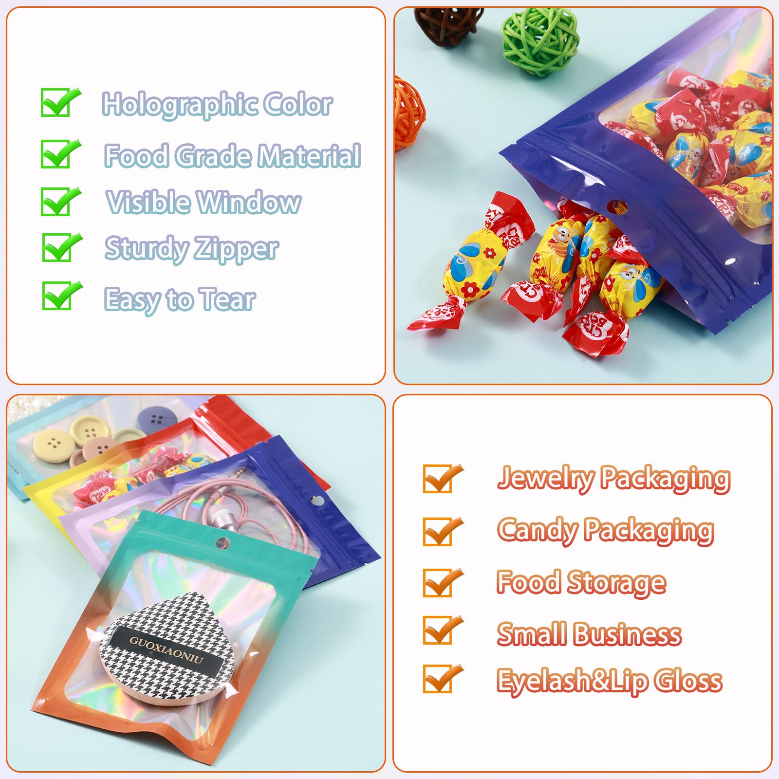 350 bolsas de Mylar a prueba de olores de 4 x 6 para almacenamiento de alimentos, bolsas de Mylar resellables degradadas con ventana transparente, bolsa de embalaje holográfica con cierre hermético
