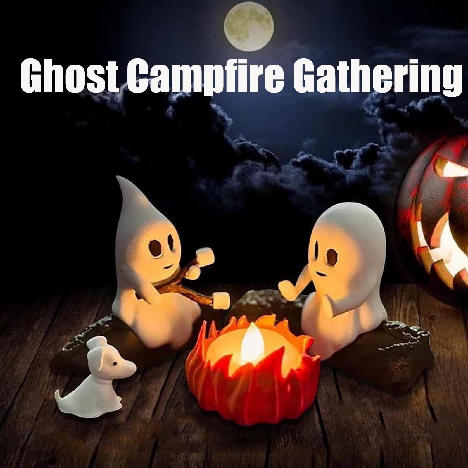 Ghost Campfire lampka nocna, 3D duch, ognisko, migocząca lampka nocna, zabawna dekoracja na Halloween, urocza przytulna upiorna statuetka, lampka nocna do domowego kominka lub biurka (wszystkie)