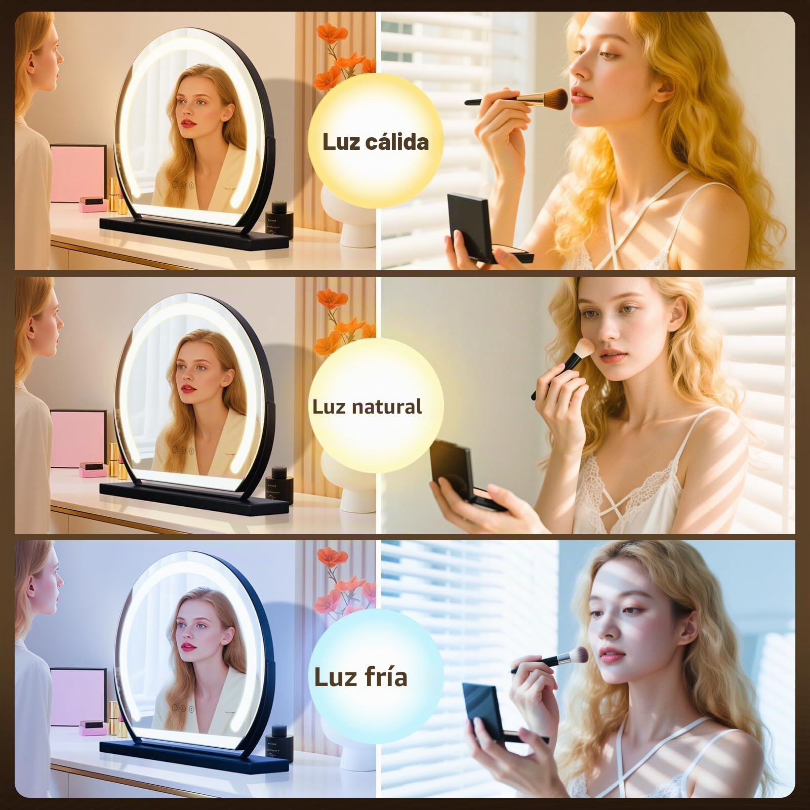 Espejo de maquillaje con iluminación, 40 x 40 cm, espejo de maquillaje giratorio en negro con LED de 9 W, 3 botones táctiles y atenuación continua, espejo de mesa moderno para maquillaje, baño