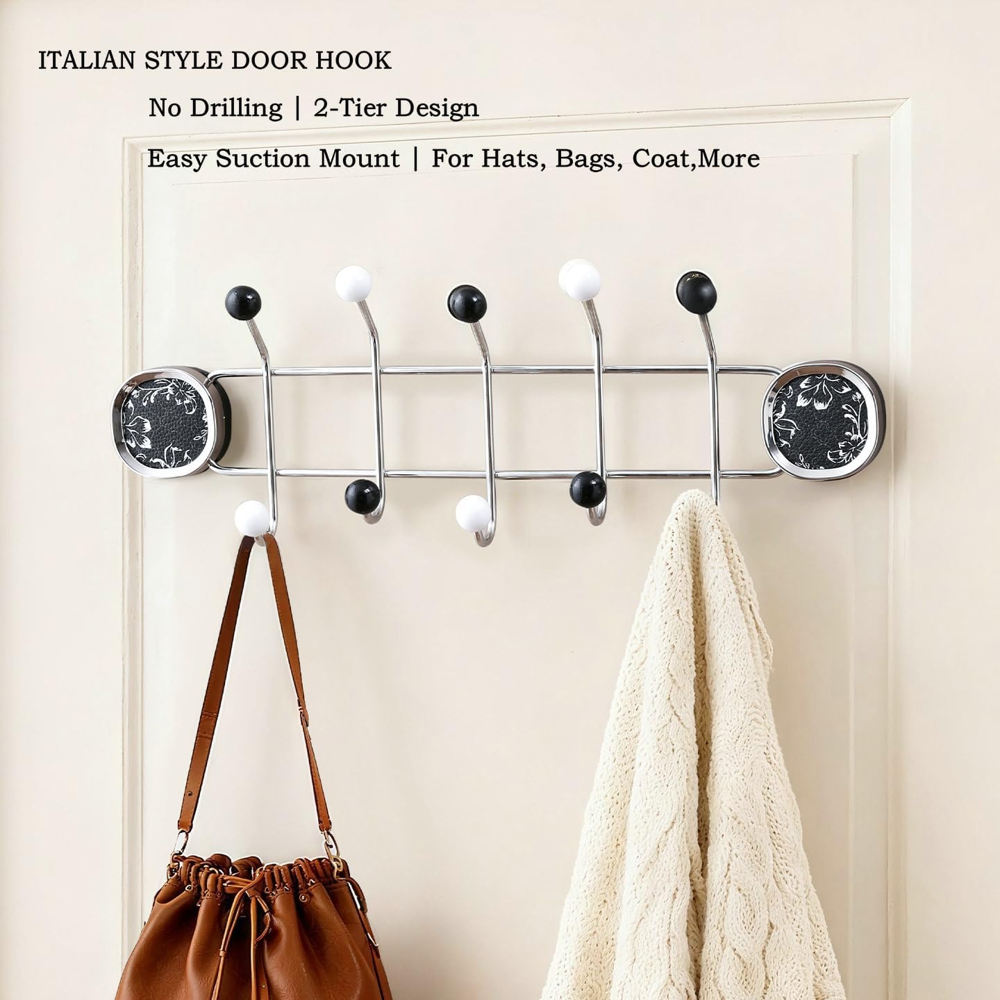 Coat Rack Wall Mount with 5 Hooks – 2026 Upgraded Suction Cup Coat Hook Rail, No-Drill Wall Mounted Organizer for Closet, Entryway, Hallway, Bathroom, Bedroom (Stainless Steel + Wooden Ball Tips)