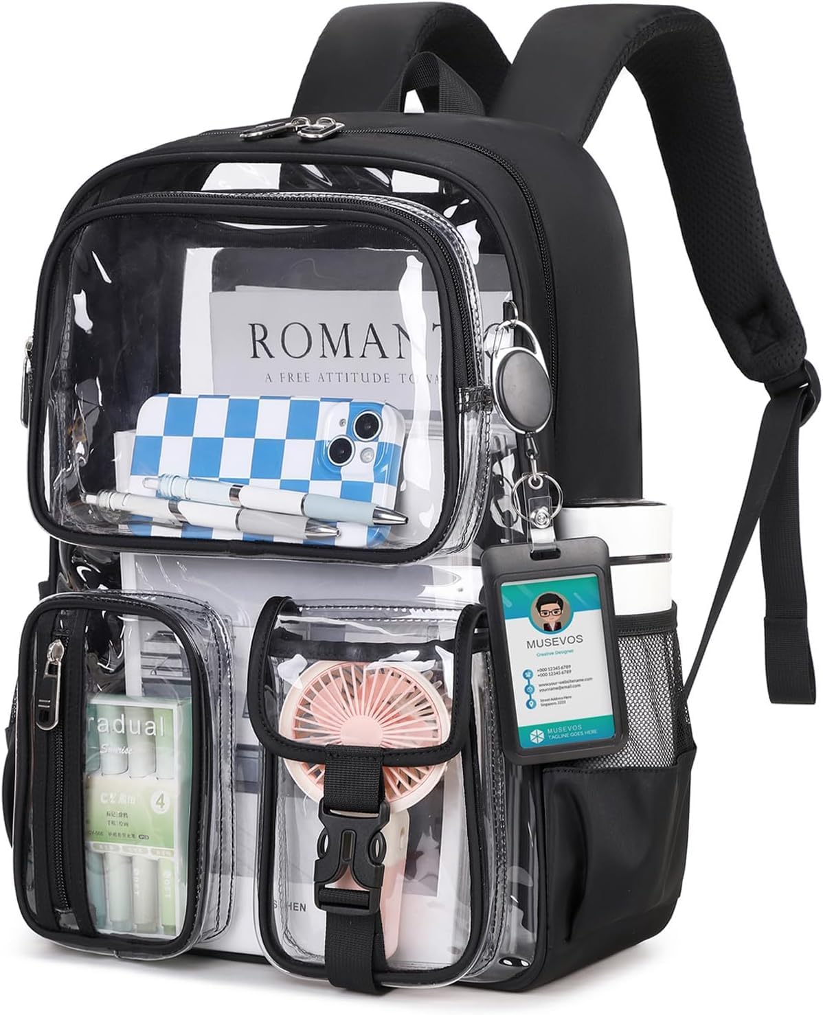 Clear Backpack for School, Heavy Duty Clear Bookbag for Girls Boys Transparent Backpack with Badge Holder, Black