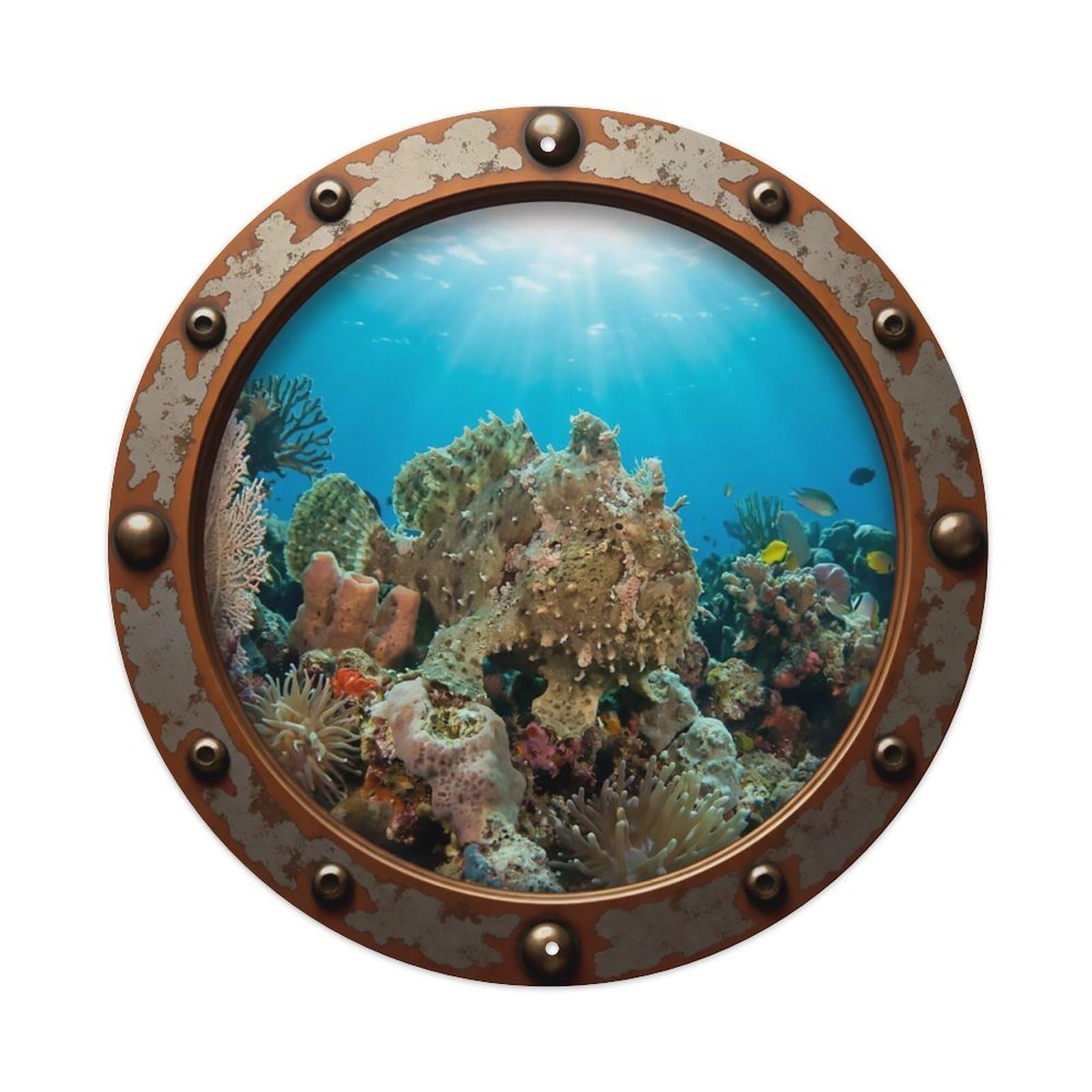 Odgynaw 8X8inch(20X20cm) Vintage Porthole Frogfish Nautical Window View Metal Tin Sign