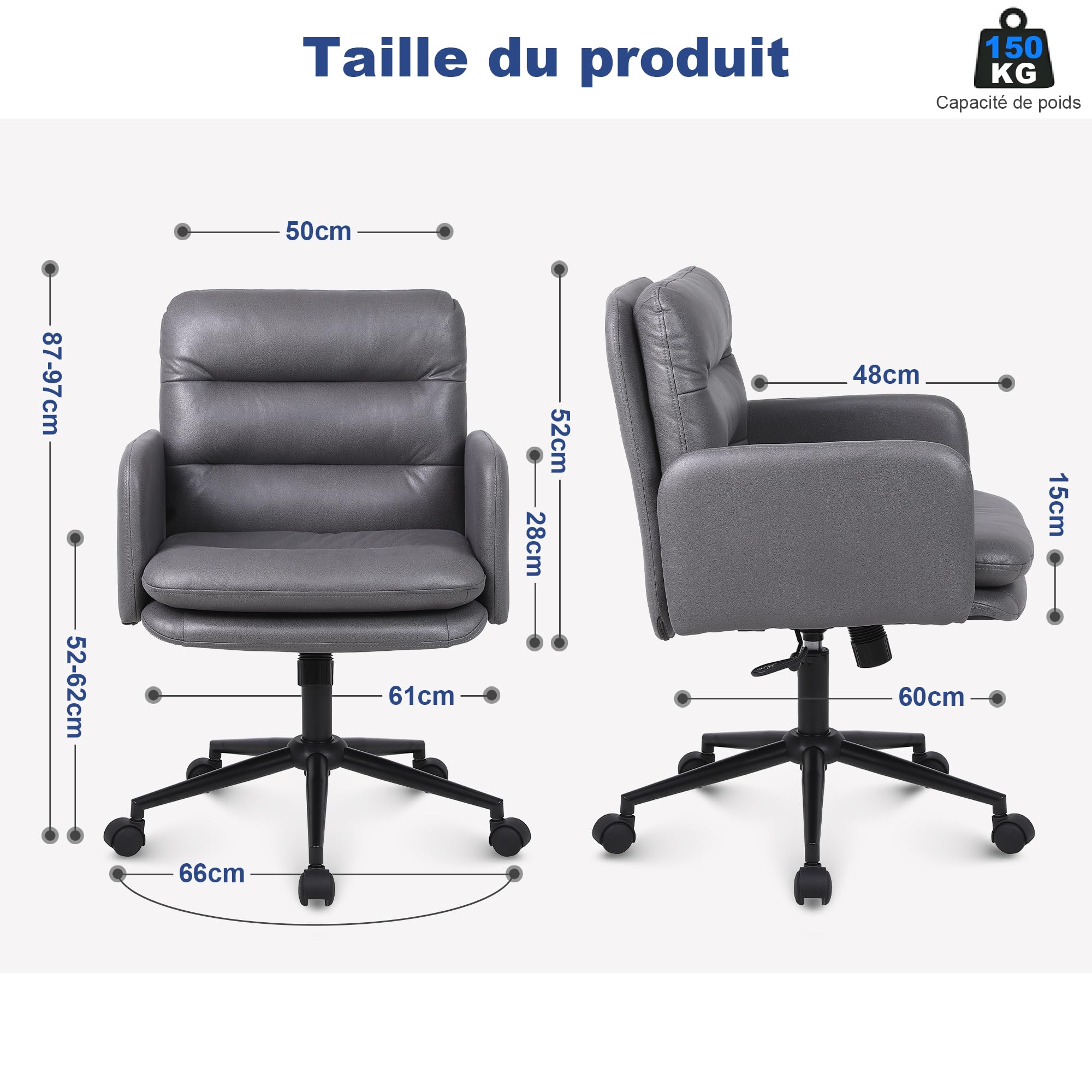 Youhauchair YC-5007DG Chaise de Bureau, Simili Cuir, e#Dark Gray, 61D x 60W x 97H Centimeter
