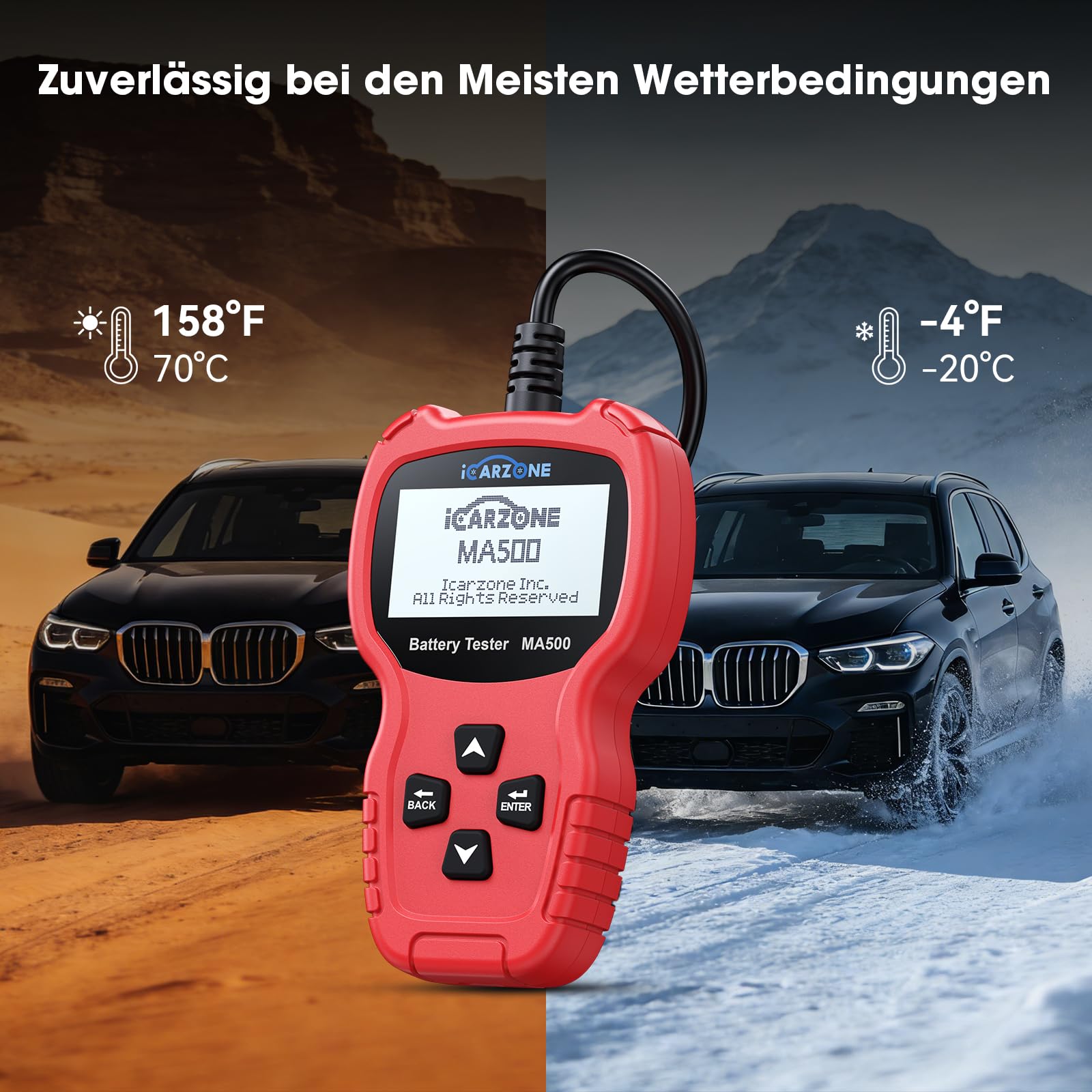 MA500 Auto Batterietester 12V/24V 100-2000CCA Spannungstester 9V - 30V Batterie Testgerät mit Entlade-, Start- und Ladetest für Auto, LKW, Motorrad, Boot, Wohnmobil, ATV, Yacht