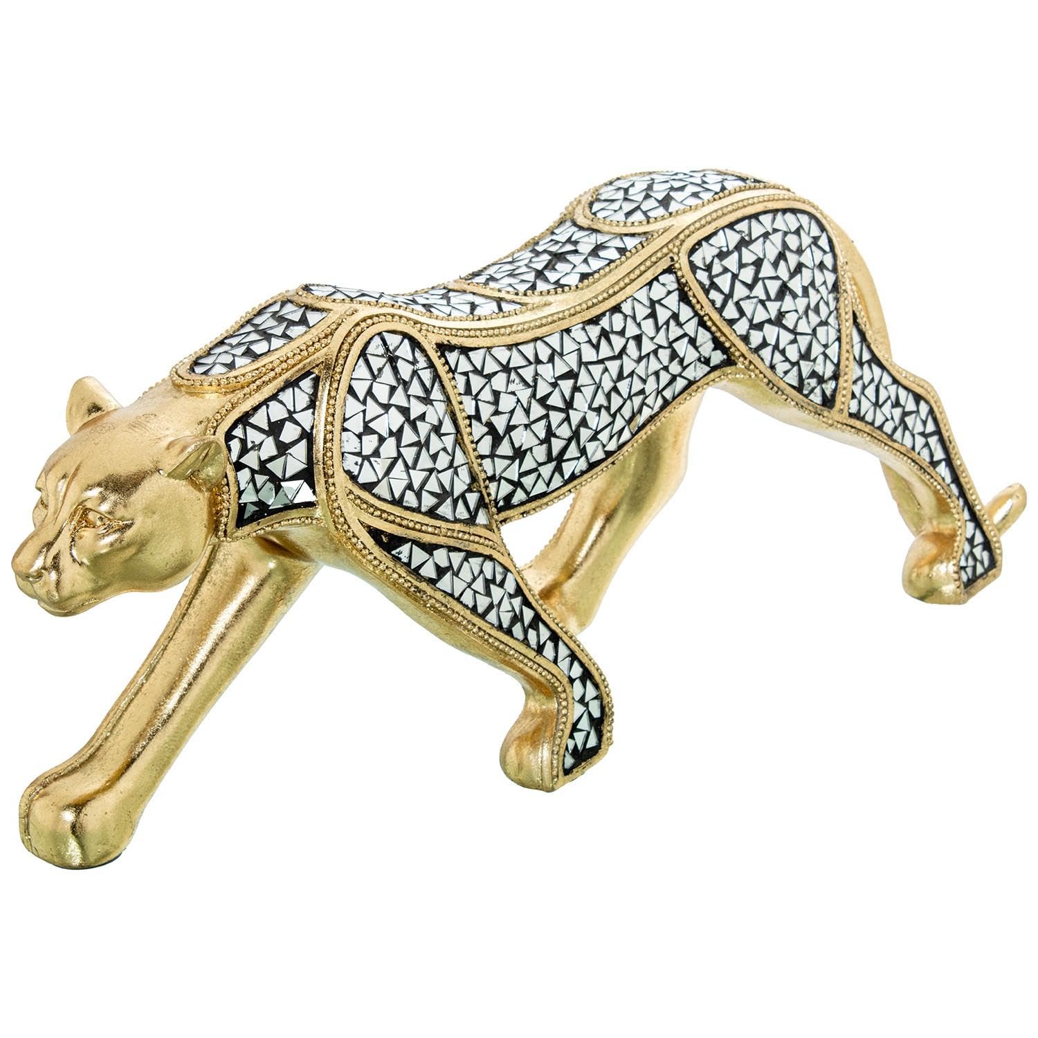 Guépard en résine à reflets miroirs dorés : statue decorative facettée 53cm