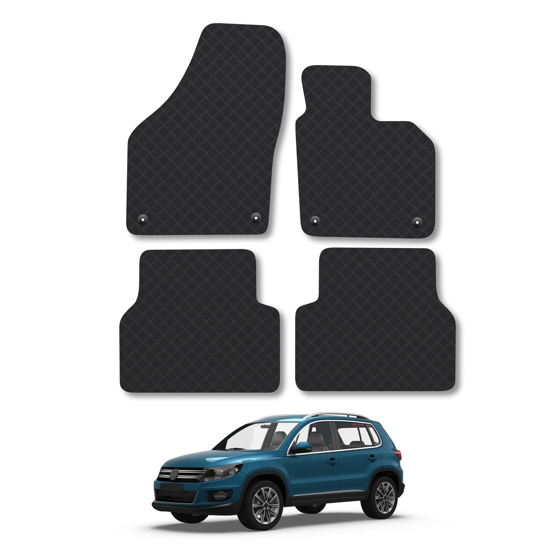 VW Tiguan (2007-2016) Rubber Car Mats Accessories Tailored Fit Compatible Accessory Waterproof Protection Non-Slip Floor Mats Full Coverage Durable Front Rear Set Coverage with Clips
