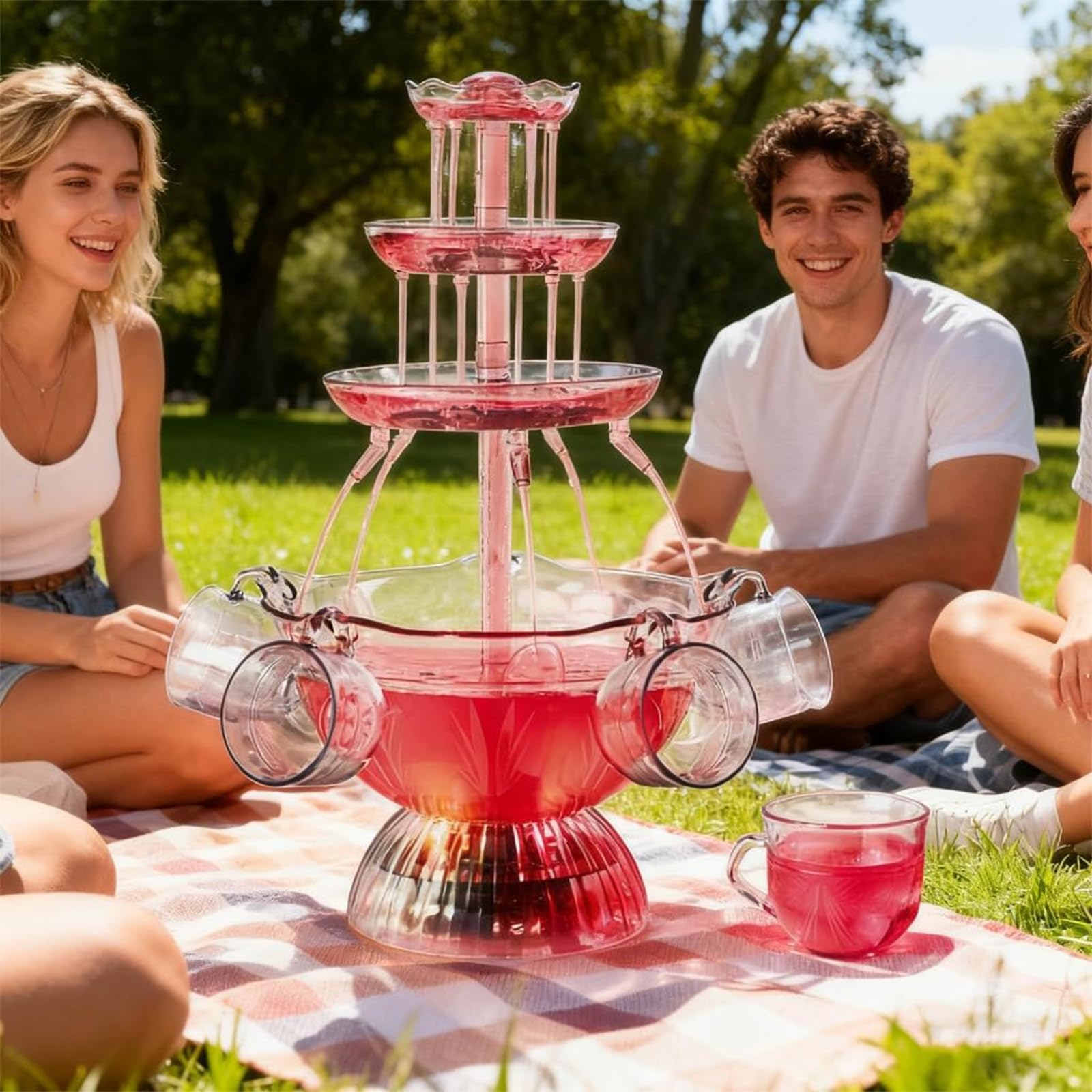 Fuente eléctrica de bebidas de 3 niveles con base LED, dispensador de cóctel y vino tinto, 5 tazas reutilizables para bodas, fiestas, celebraciones, estación de bebidas perfecta