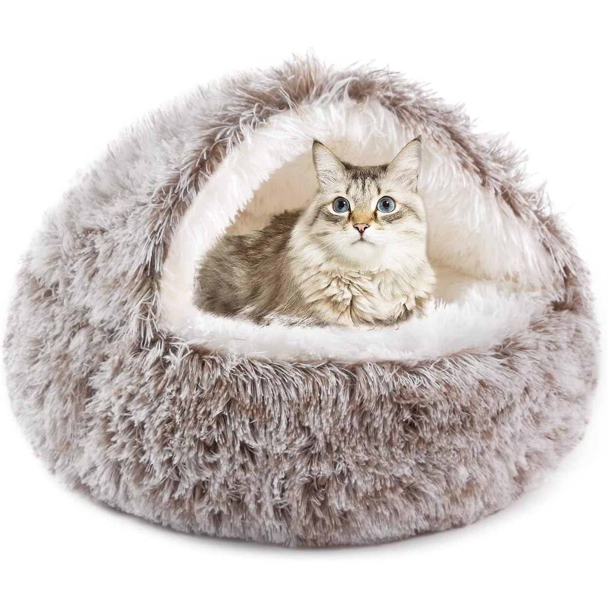 TOMVAES Cat Bed Round Plush Fluffy Hooded Cat Bed Cave, Cozy for Indoor Cats or Small Dog beds, Soothing Pet Beds Doughnut Calm Anti-nxiety Dog Bed - Waterproof Bottom Washable (Brown)