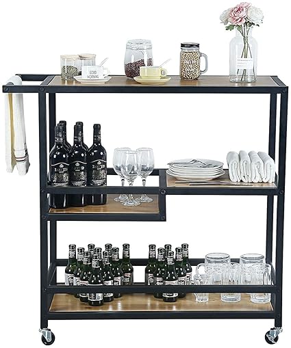 Indian Decor. 45243 Industrial Serving Cart, 3-Tier Kitchen Utility Cart on Wheels with Storage for Living Room, Wood Look Accent Furniture with Metal Frame