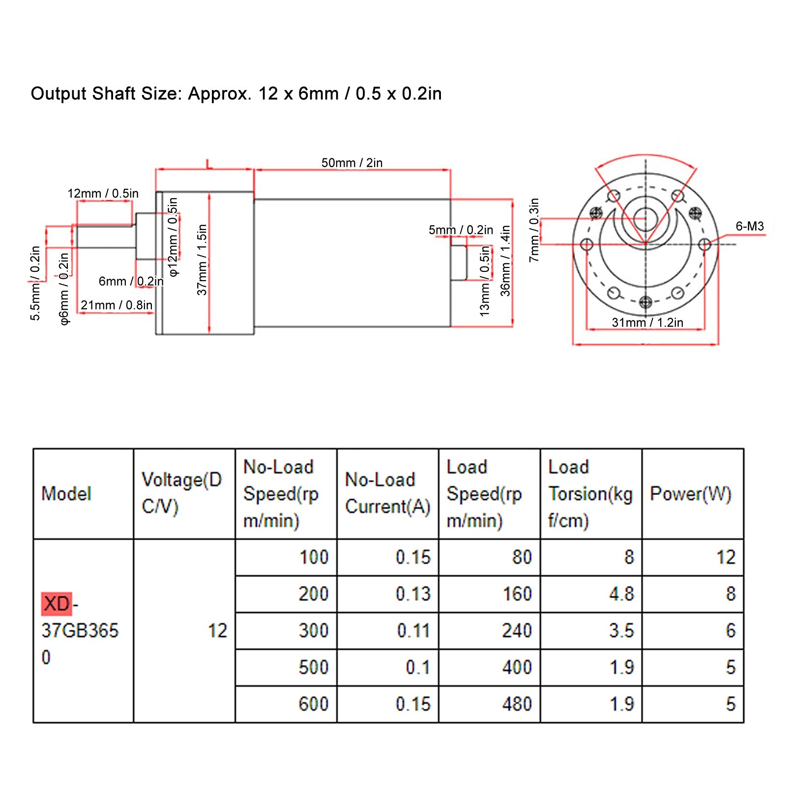 XD - Motor de corriente continua sin escobillas 37GB3650, motor de reducción de velocidad sin escobillas de baja velocidad de 12 V con engranajes totalmente metálicos, mini motor (100 rpm/min)