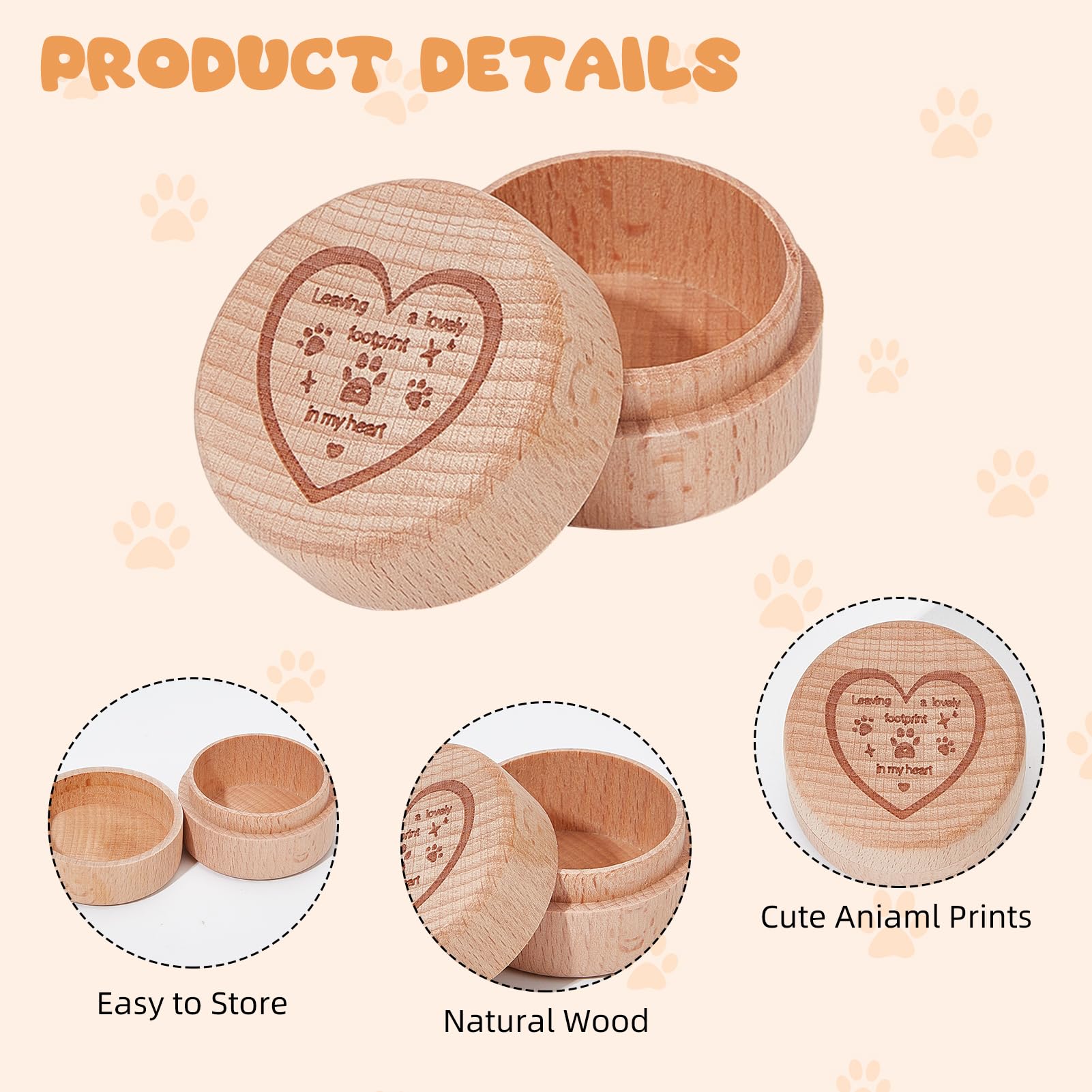 NICENEEDED 2 Pack Wooden Pet Hair Keepsake Box, Engraved Dog Urn Containers Pet Fur Memorial Cases with Pet Paw - Image 3