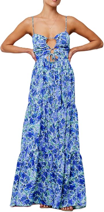 Women's Summer Floral Maxi Dresses Spaghetti Strap Sleeveless Cut Out Slip Dress Flowy Tie-Up Front Long Dress