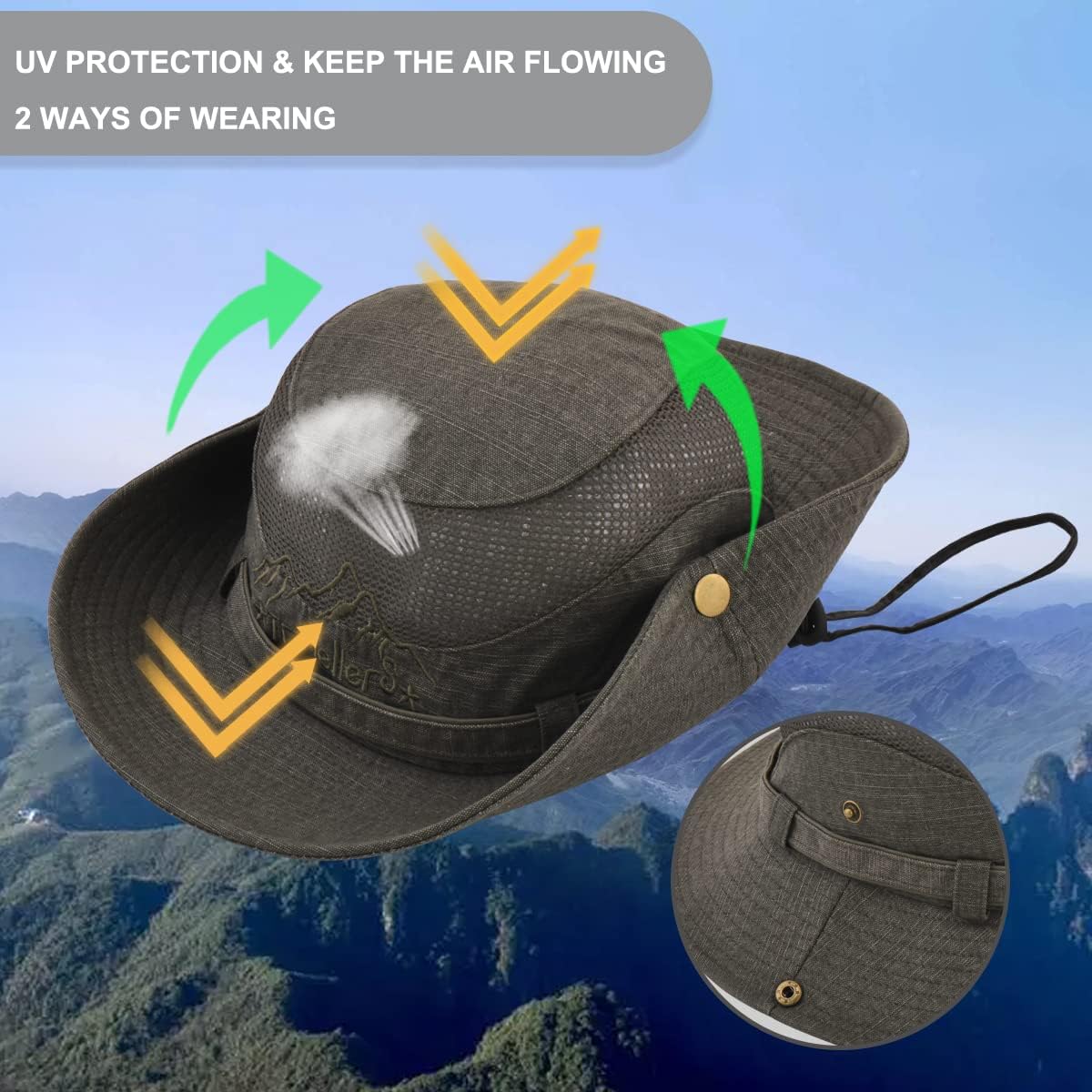 Sun Hat for Men, Cotton Embroidery Summer Outdoor Sun Protection Wide Brim Bucket Hat Foldable Safari Boonie Hat - Image 3