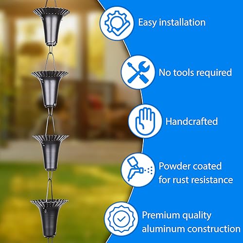 Miniatura 3 de Rain Chains Pacific - Cadena de lluvia de copa estriada de 8.5 pies - Aluminio recubierto de polvo negro - Reemplazo funcional y decorativo para