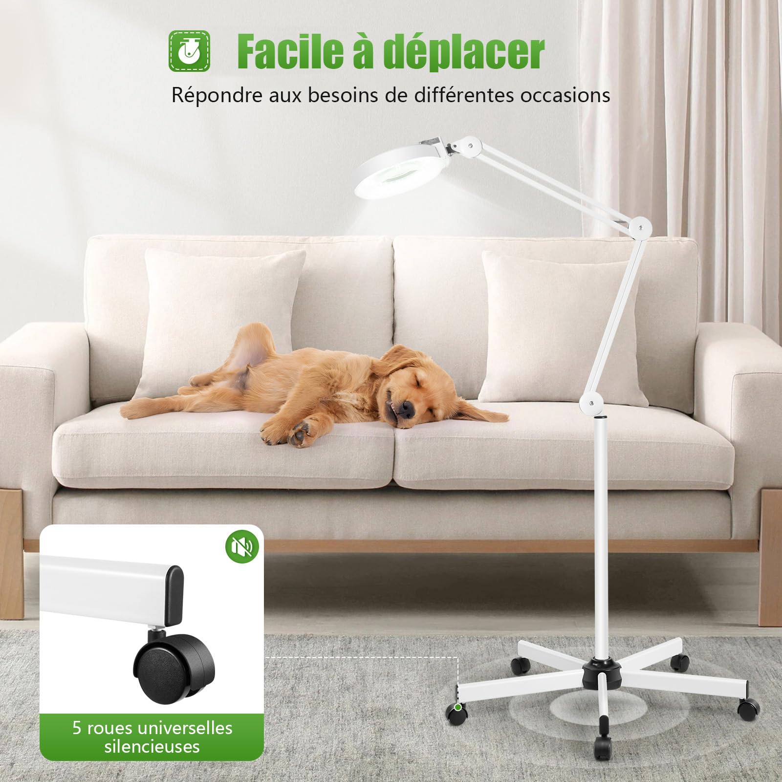 22W LED Lampe Loupe sur Pied Loupe Eclairante Lampe Esthetique Professionnel 5 Dioptres Lampe à Bras Pivotant Réglabl pour Salon de Beauté, Coiffure，Dentiste