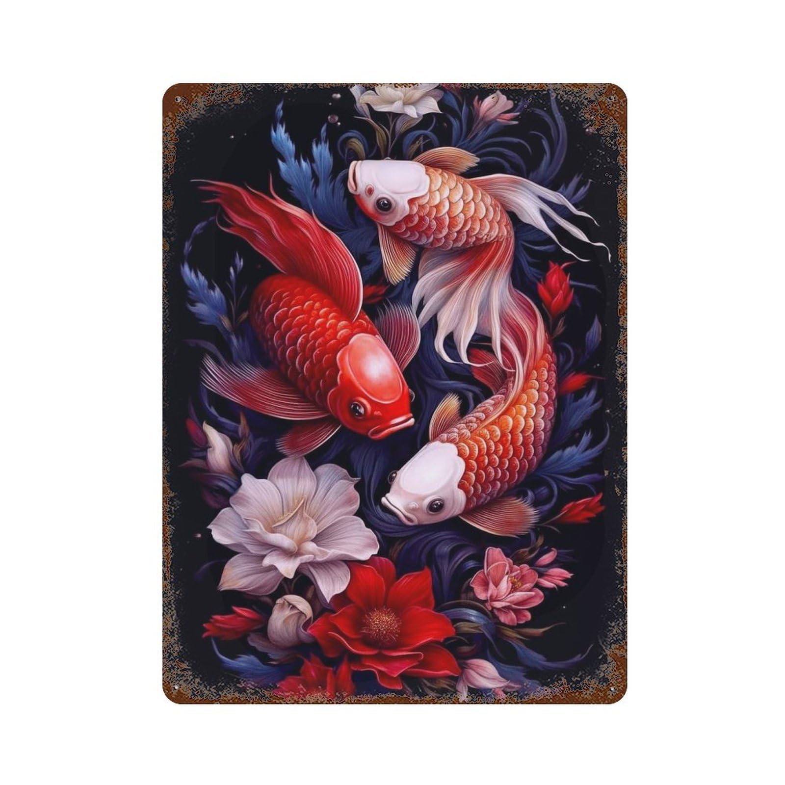 Rust Effect 3 Koi Fish Vintage Rust Metal Sign 15.7"x11.8", Vintage Wall Decor for Garage, Bar And Workshop Decor
