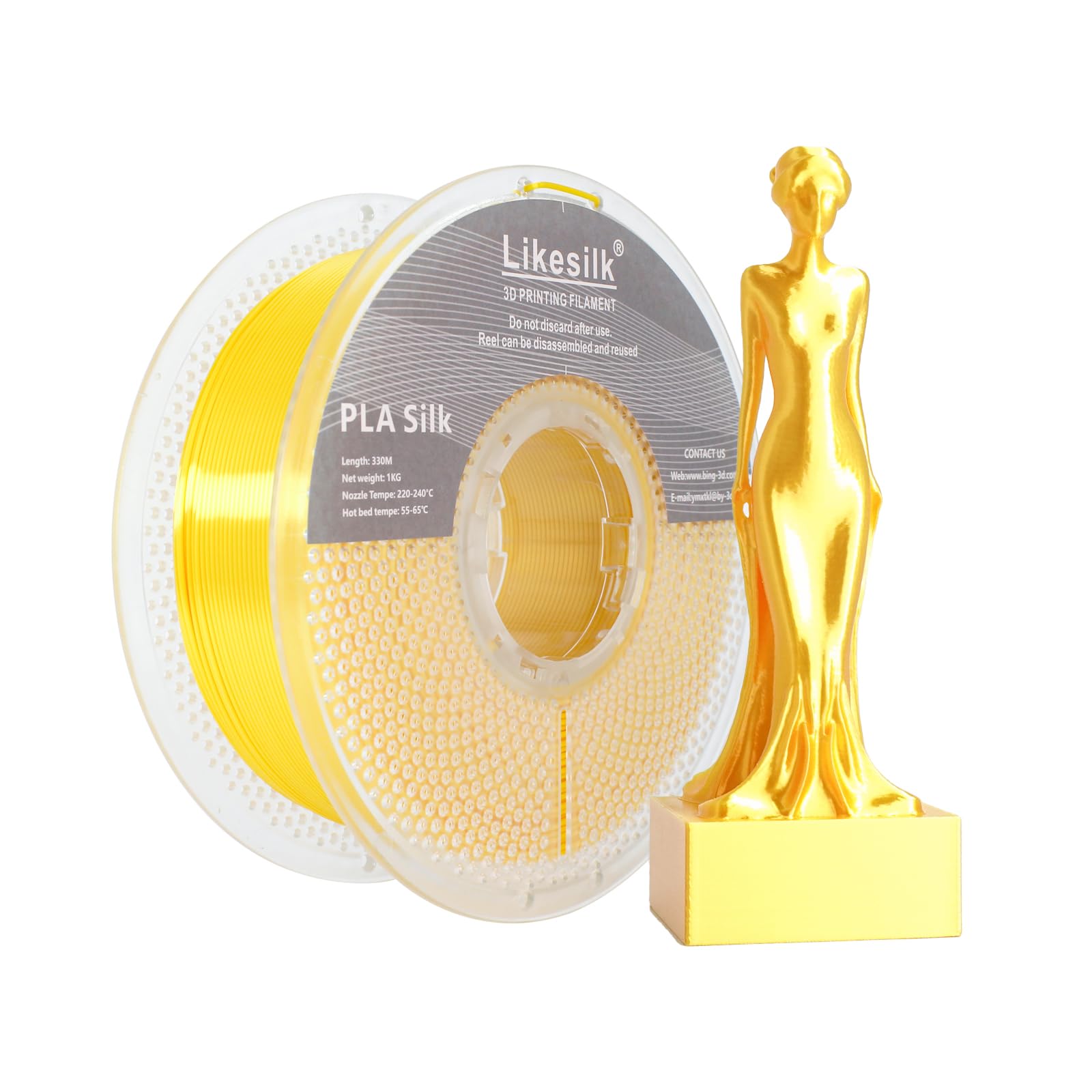 Likesilk PLA Silk Filament 1.75mm Clog-Free Shiny 3D Printer Filament, 1KG Spool (2.2lbs), Dimensional Accuracy +/- 0.02mm (Silk Gold-1KG)
