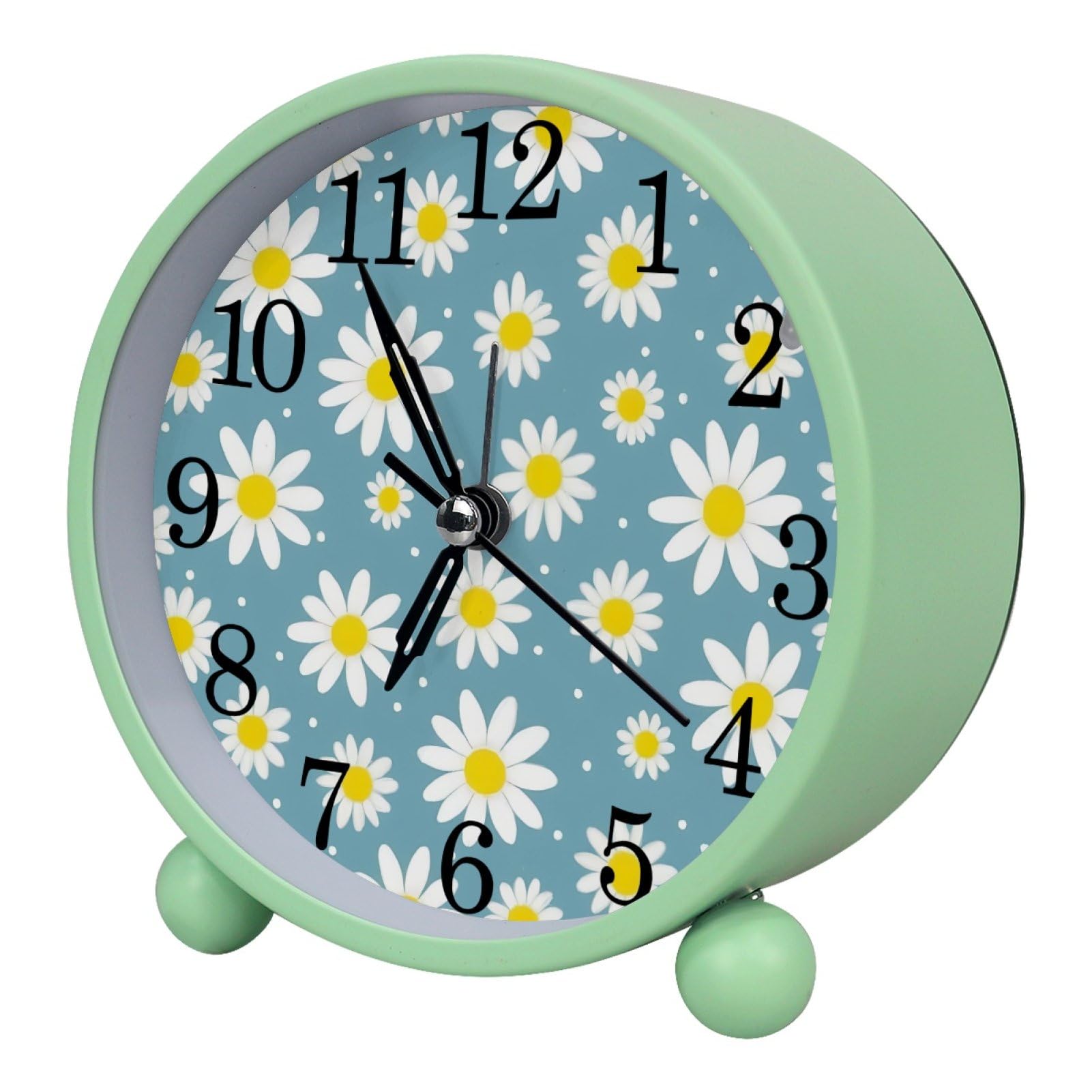 etoenbrc Daisy Flowers Round Battery Operated Bedside Alarm Clock Non-Ticking Desktop Silent Analog Alarm Clock with Light