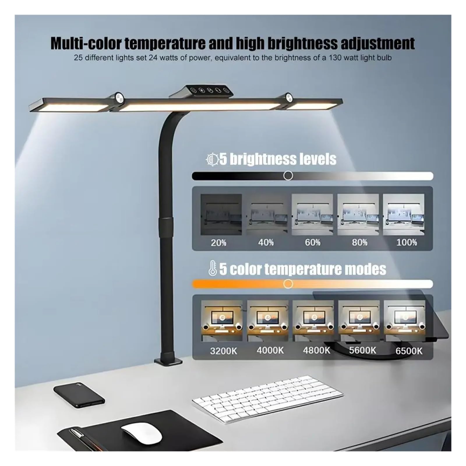 Lampada da scrivania a LED a braccio lungo con morsetto Lampade da tavolo a LED dimmerabili sensibili al tocco da 24 W for architetto da ufficio con Ctonroller remoto for lo studio