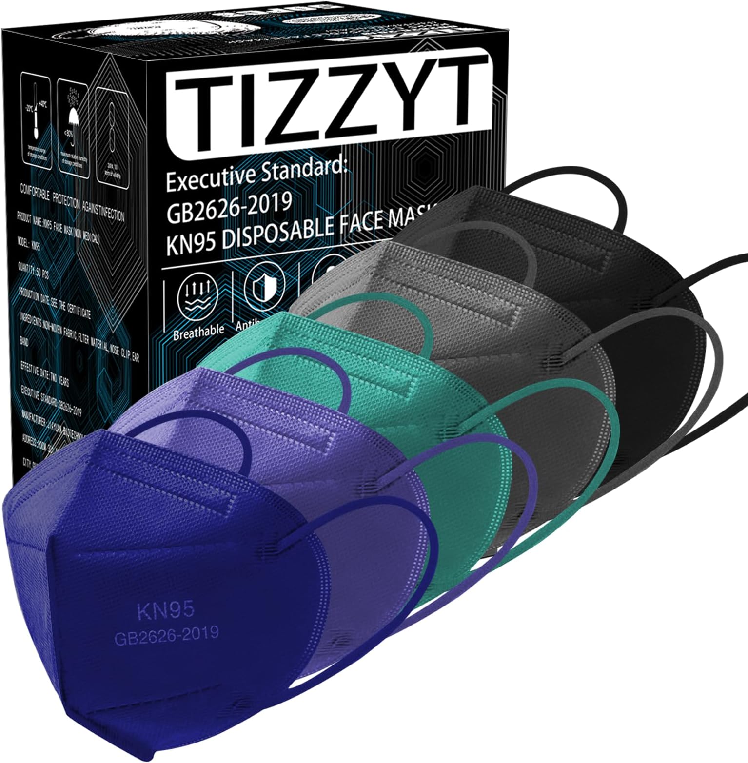 TIZZYT KN95 Face Mask | 50 Pack Disposable Face Mask | 5-Layers Comfortable Masks | KN95 Masks for Adults,Morandi Color