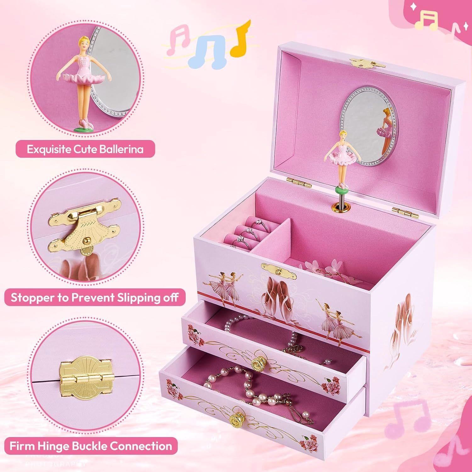 Joyero musical para niñas con 2 cajones, caja de música de regalo para niñas con bailarina giratoria para edades de 3 a 12 años, almacenamiento de joyas para niños