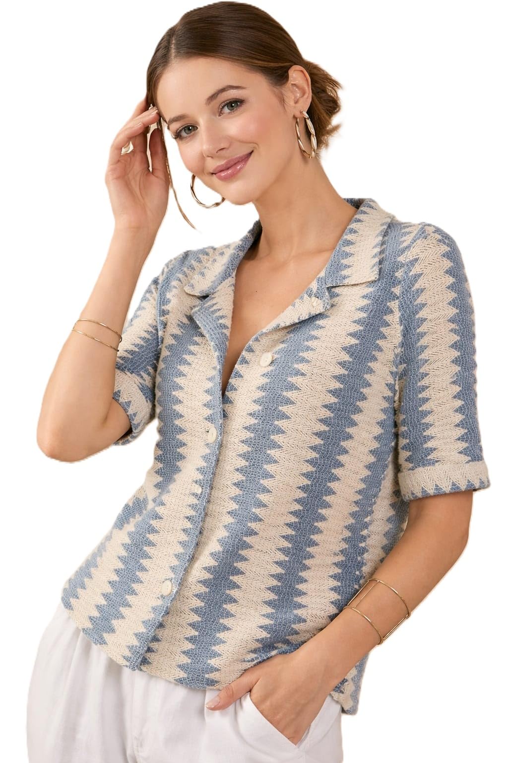 Women's Crochet Shirt Button-Down Top, Blue and Cream, Short Sleeve, Collared Shirt-picture-54