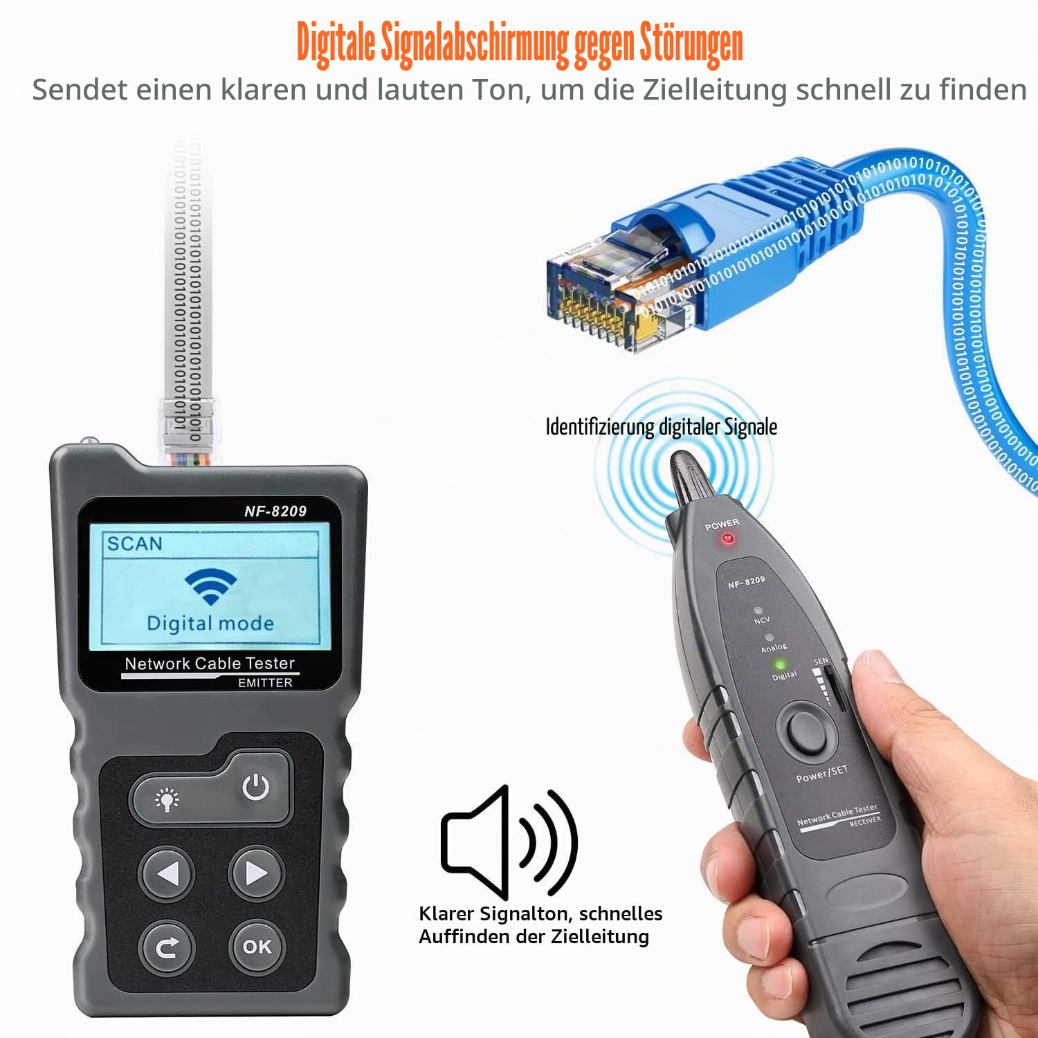 4-in-1 Netzwerkkabel-Tracker, PoE-Tester mit NCV & Lampe für CAT5e/CAT6/CAT6a, Erkennung von PoE-Spannung, PSE-Standards, Kabelfehlerabstandsmessung durch TDR Funktion NF-8209