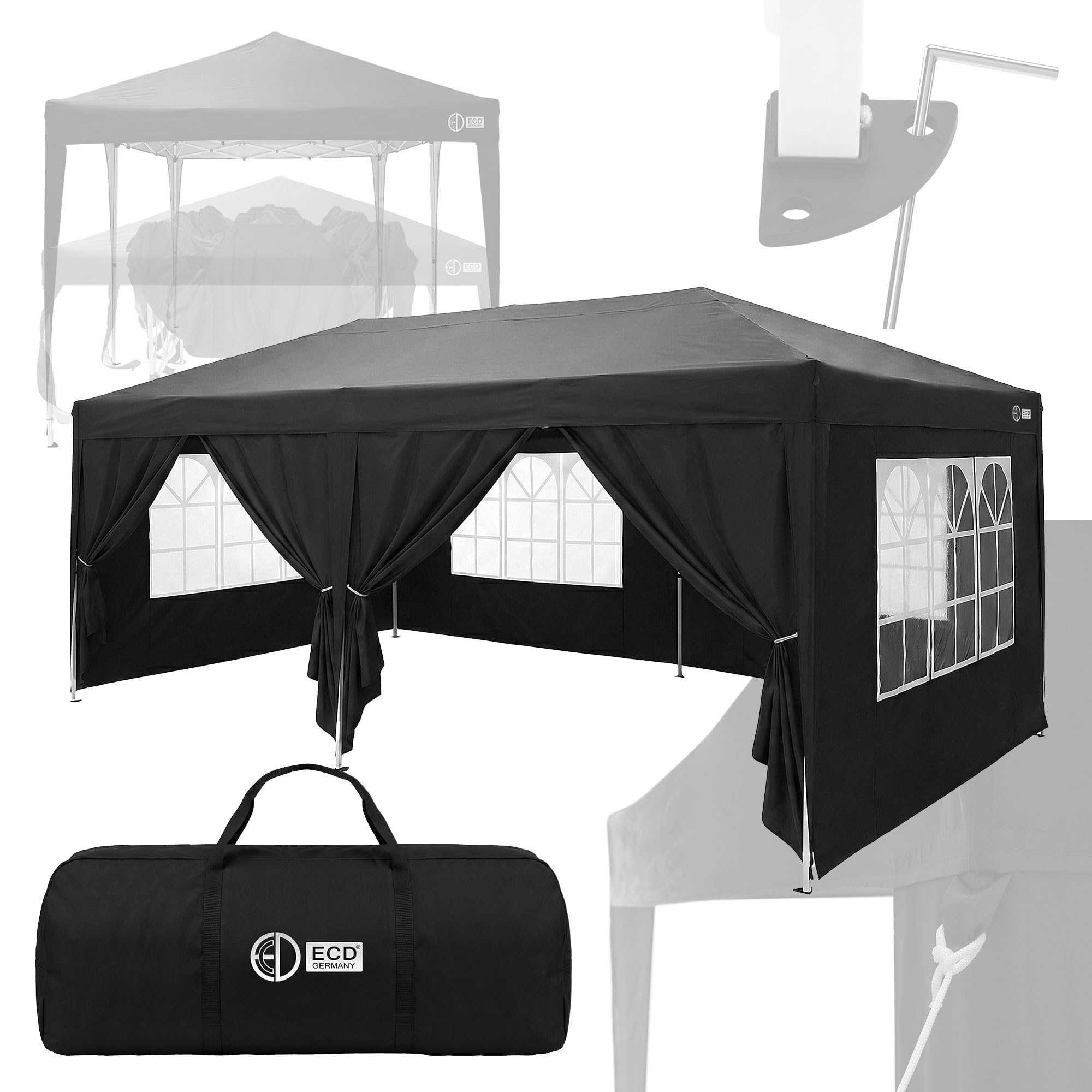 ECD Germany Carpa Plegable 3x6 m para Exteriores, Impermeable y Resistente al Viento, Pergola de Jardín, Cenador con 6 Paredes Laterales, Gazebo Negro Altura Regulable, para Fiestas, Camping, Eventos
