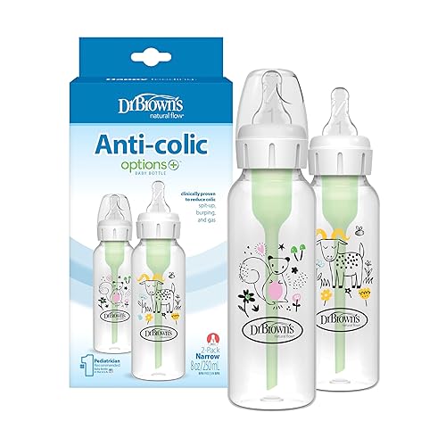 Dr. Brown's Natural Flow Anti-Colic Options+ Biberón estrecho, ardilla y cabra, 8 oz/8.5 fl oz, con boquilla de flujo lento nivel 1, libre de BPA,